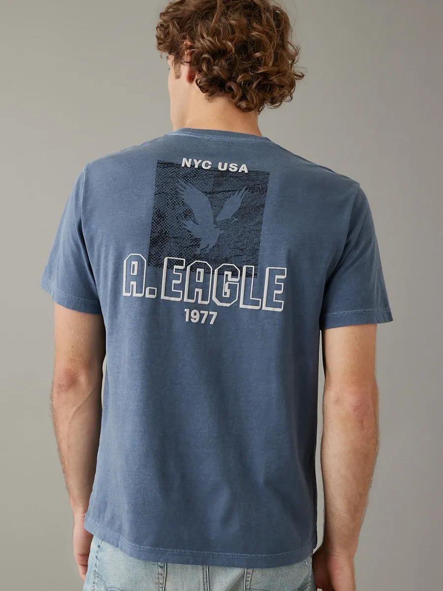 AMERICAN EAGLE MEN G ELEV BRAND SS SET IN- OVERDYED HTHR + SERIOUSLY SOFT WASH 400 BLUE