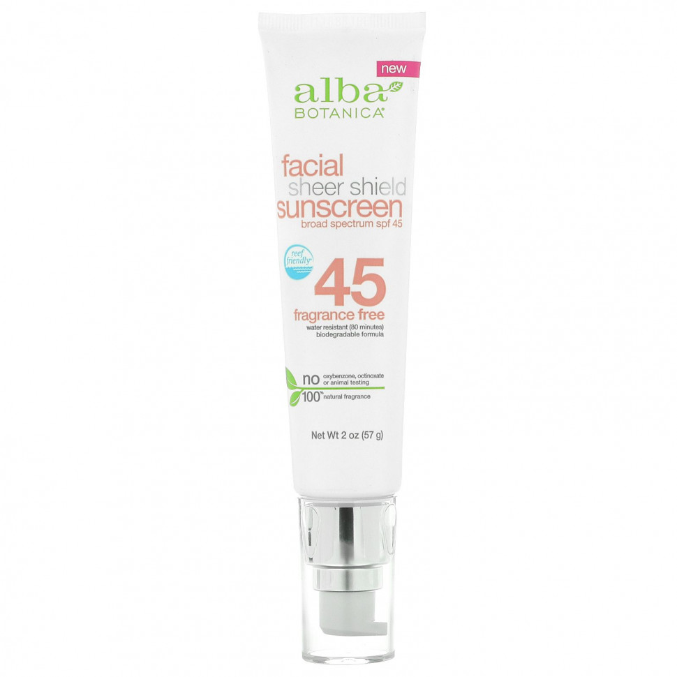 Alba Botanica, Sheer Shield, солнцезащитное средство для лица, SPF 45, без отдушек, 57 г (2 унции)