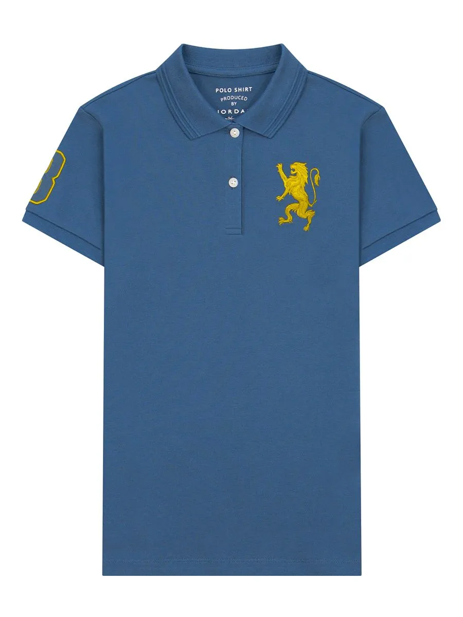 GIORDANO Women's Slim Pique Embroidery Bold Polo (3D Lion) Mallard Blue