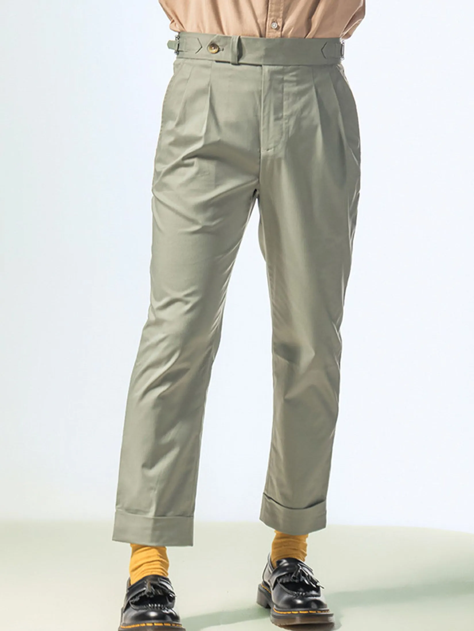 ERA-WON Men's Double belts trousers skinny crop fit Green