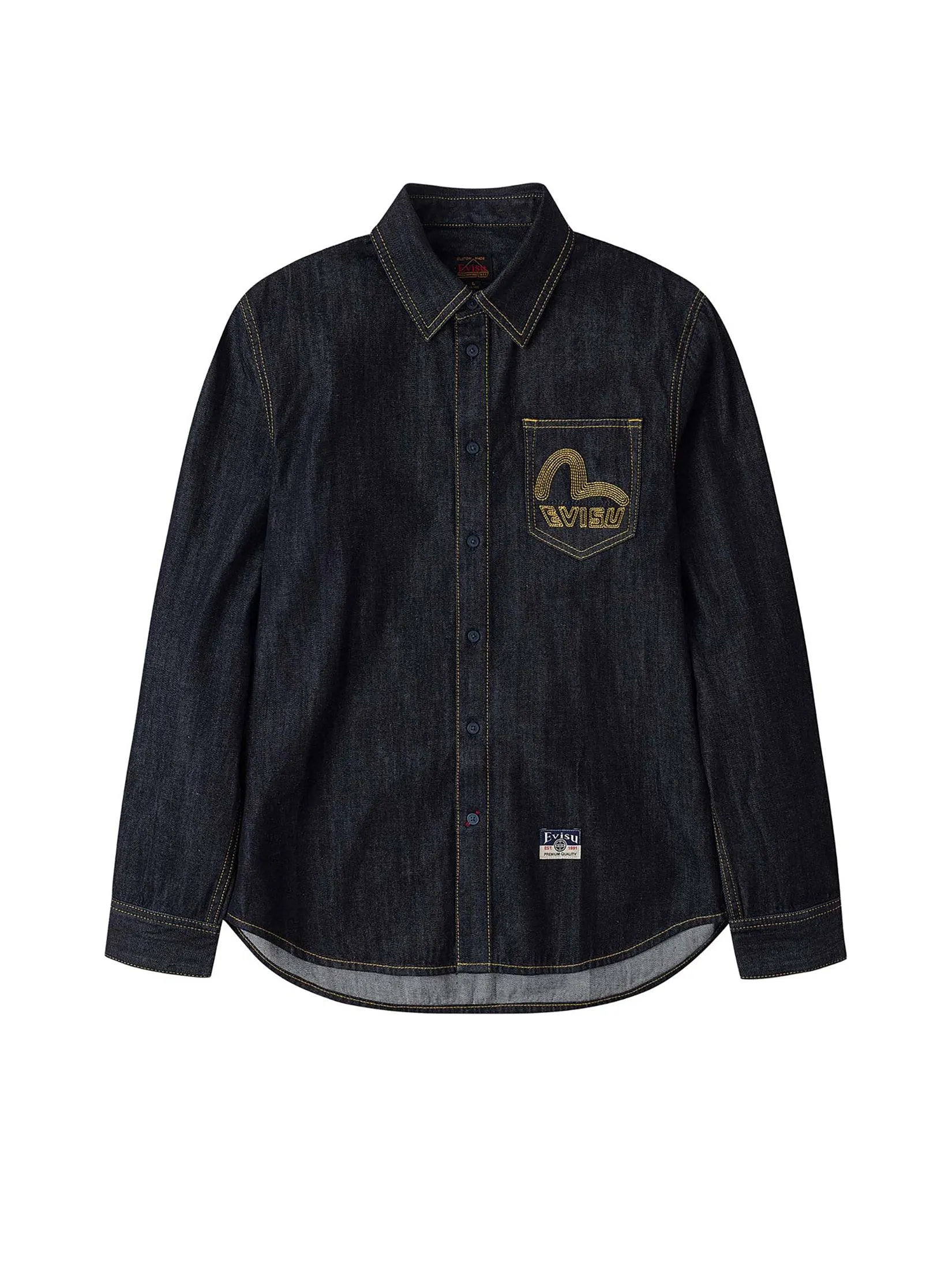 EVISU Men Shirt Long-Sleeve Denim Seagull Embroidery Regular Fit Navy