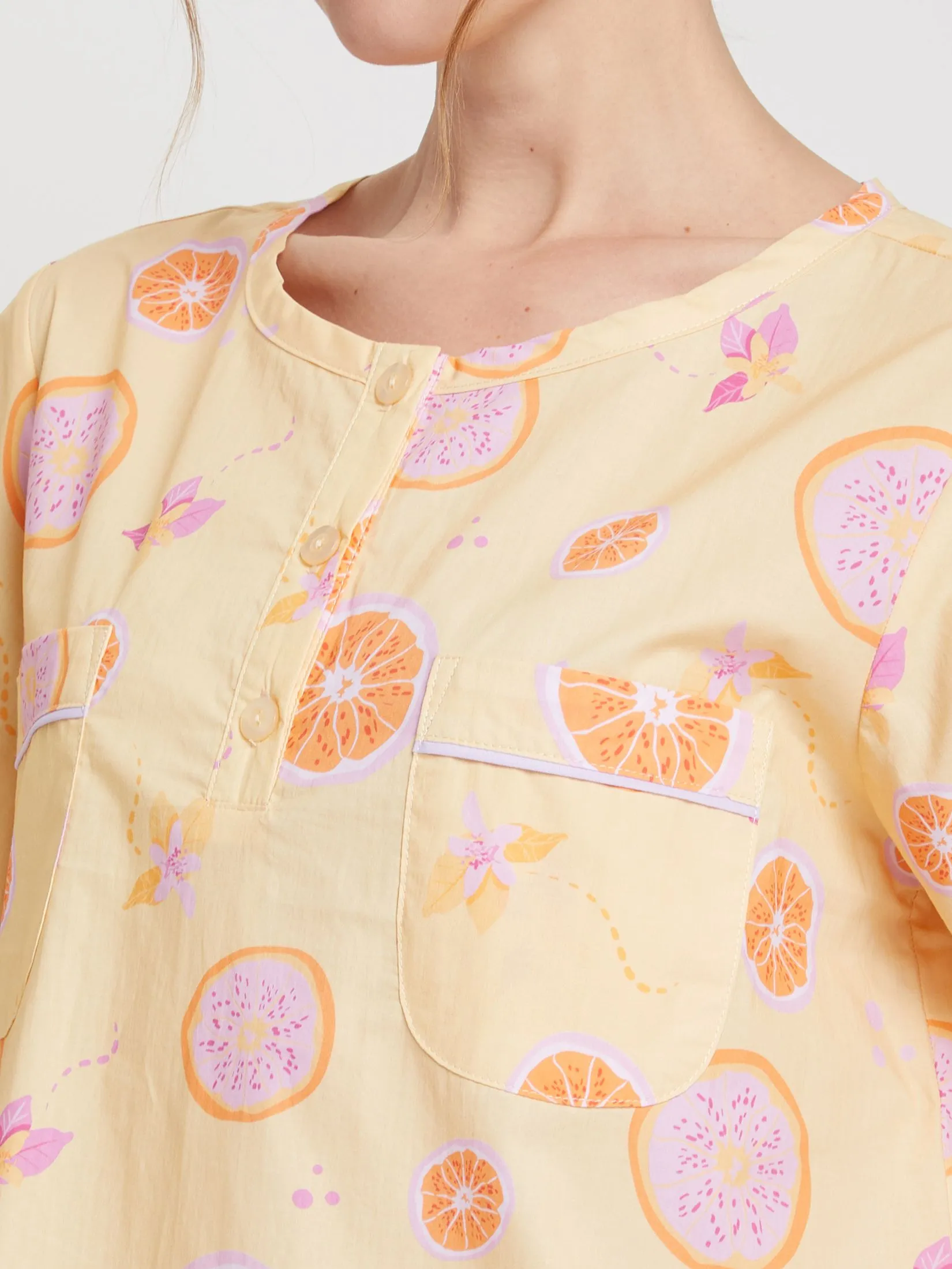 FOF Women Pyjamas Shirt Short Sleeves Crew Neck + Pants Lemon Print Yellow