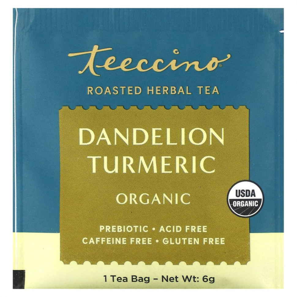 Teeccino, Органический обжаренный травяной чай с корнем одуванчика и куркумой, не содержит кофеина, 10 чайных пакетиков, 60 г
