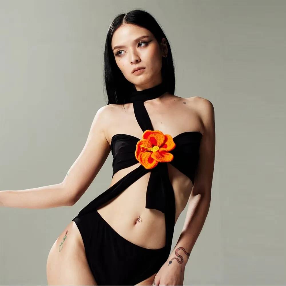 BLACKDOG BKK Black hibiscus scarf bodysuit