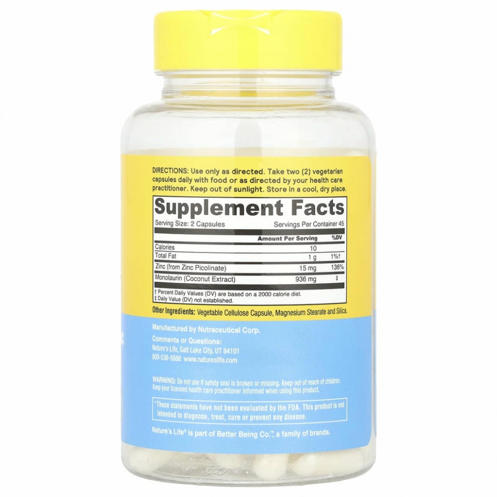 Nature's Life, Монолаурин и цинк, 90 вегетарианских капсул