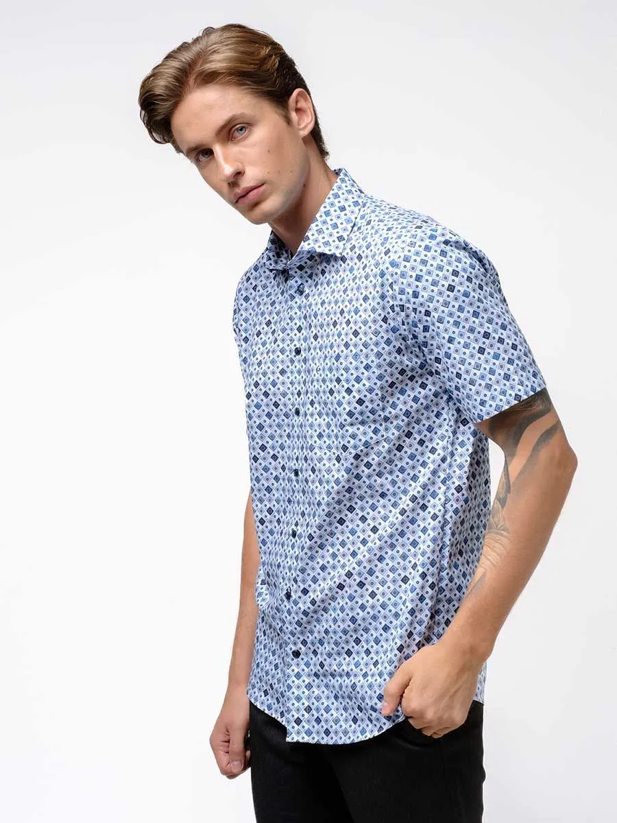 OLYMP MEN SHIRT  SHORT SLEEVES   MODERN FIT BLUE GRAPHIC PATTERN