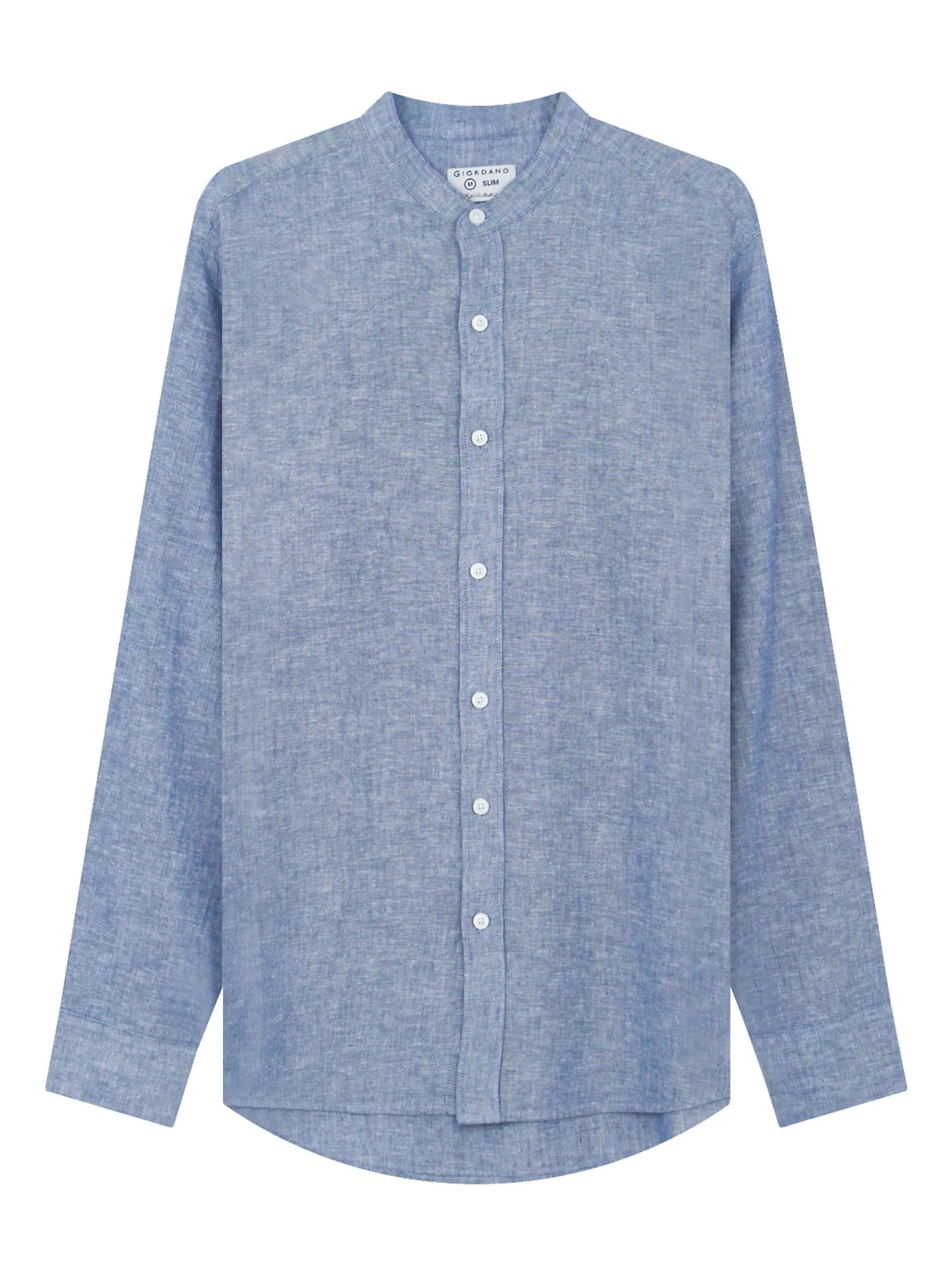 GIORDANO Men's Slim Mandarin Collar Linen Shirt Neptune blue