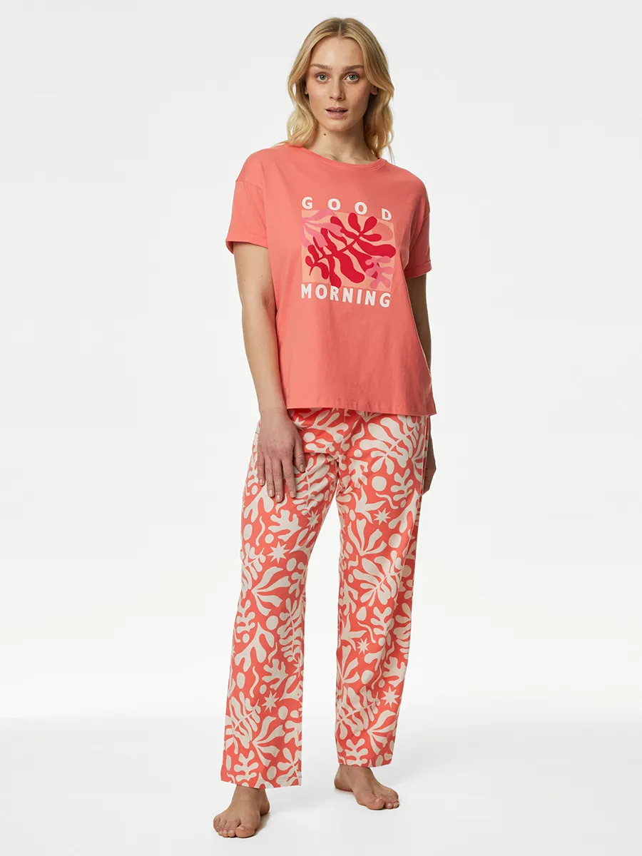 MARKS & SPENCER Women Pyjama Set Pure Cotton Good Morning Printed Coral