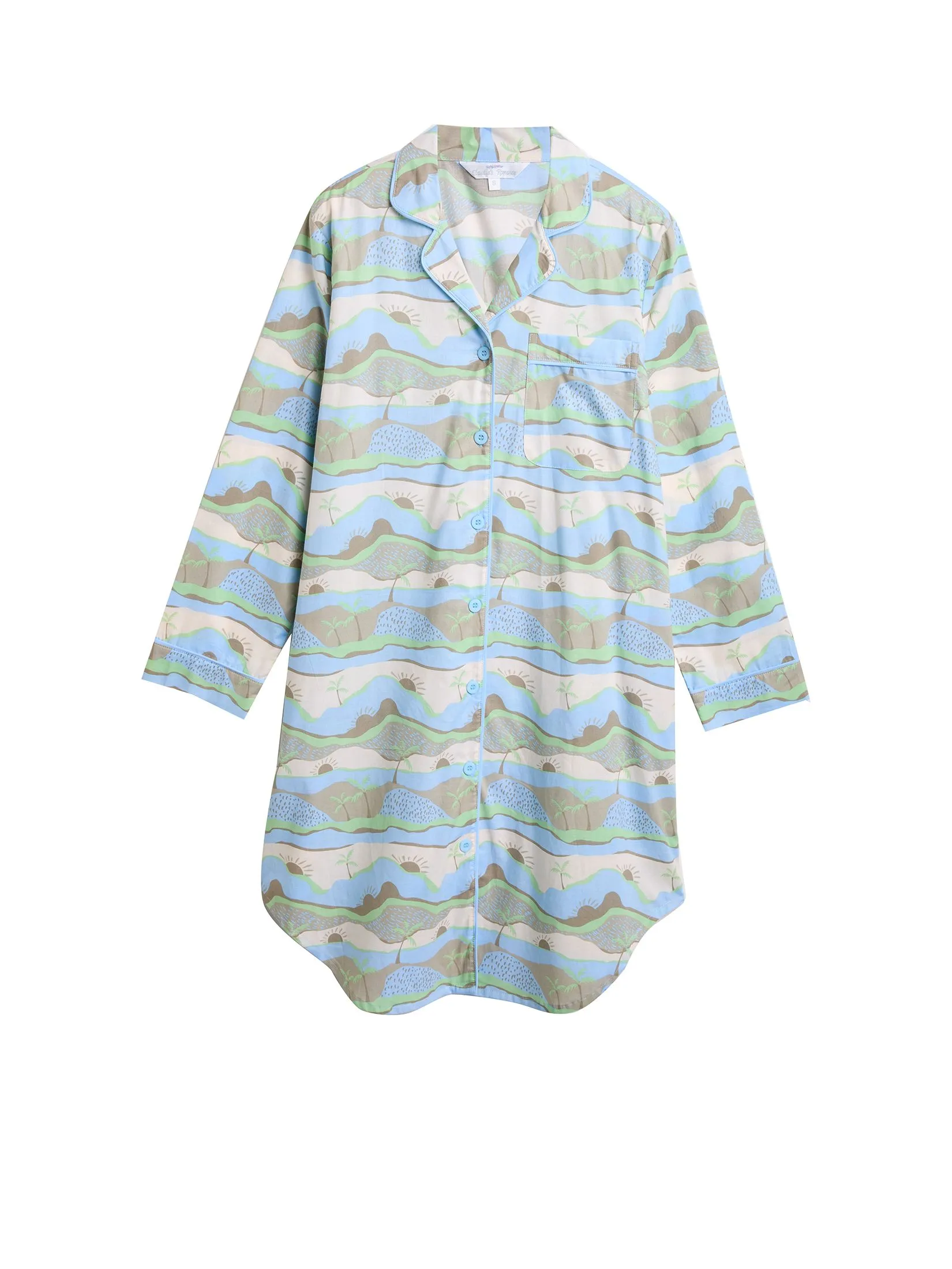 CLAUDIA'S ROMANCE Women Pyjamas Dress Long Sleeves Hawaii Neck Blue