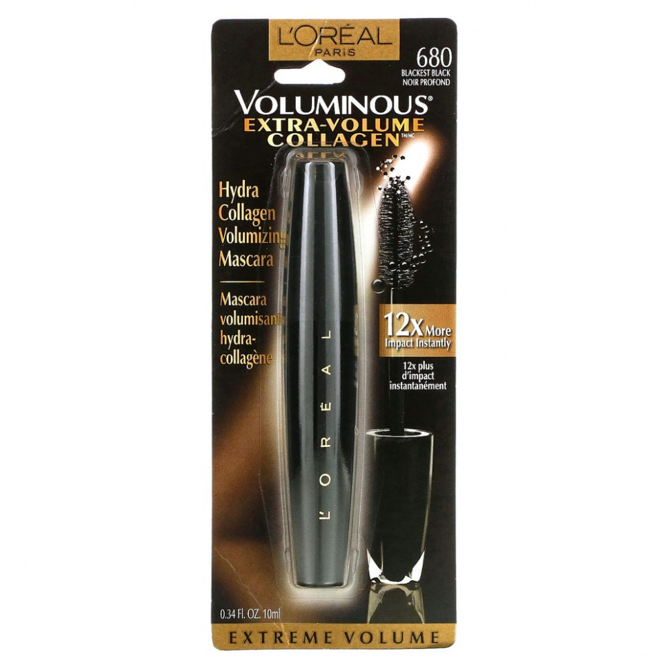 L'Oreal, Voluminous Extra-Volume Collagen, тушь для ресниц с коллагеном для придания объема, оттенок 680 угольно-черный, 10 мл (0,34 жидк. унции)
