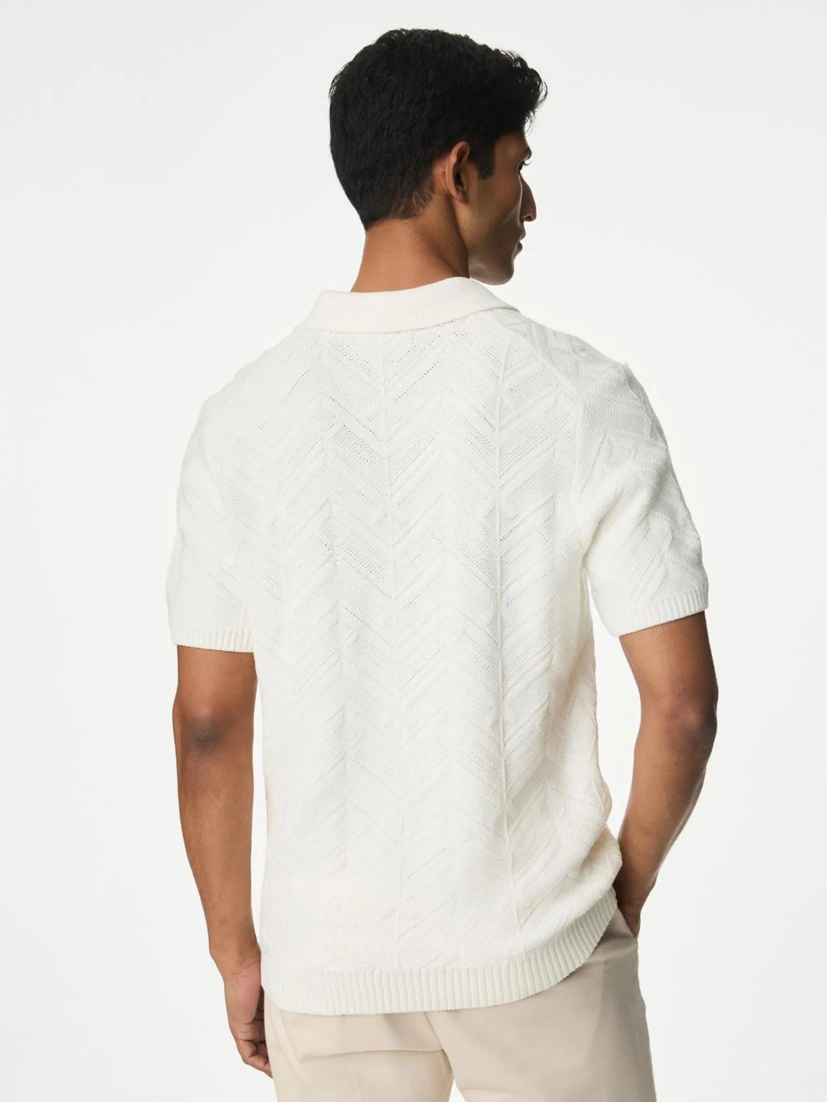MARKS & SPENCER Men Polo Shirt Cotton Rich Open Neck Knitted Ivory