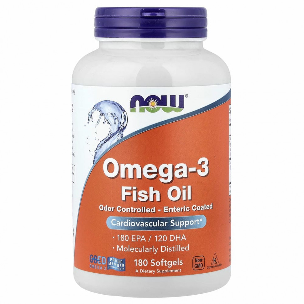 NOW Foods, жирные кислоты омега-3, 180 ЭПК / 120 ДГК,180 капсул, покрытых кишечнорастворимой оболочкой