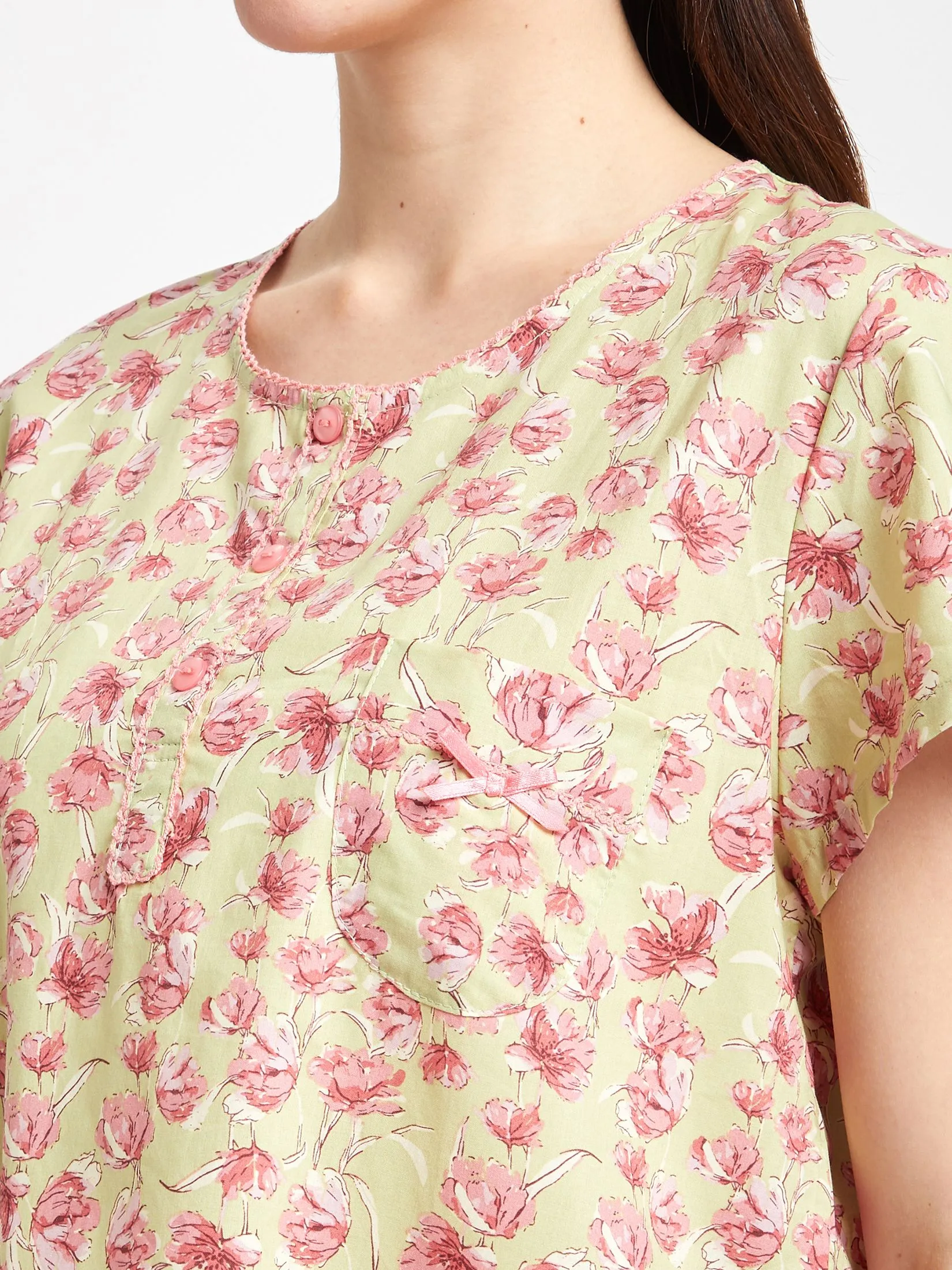 CLAUDIA'S ROMANCE Women Night Dress Short Sleeves Round Neck Floral Print Green