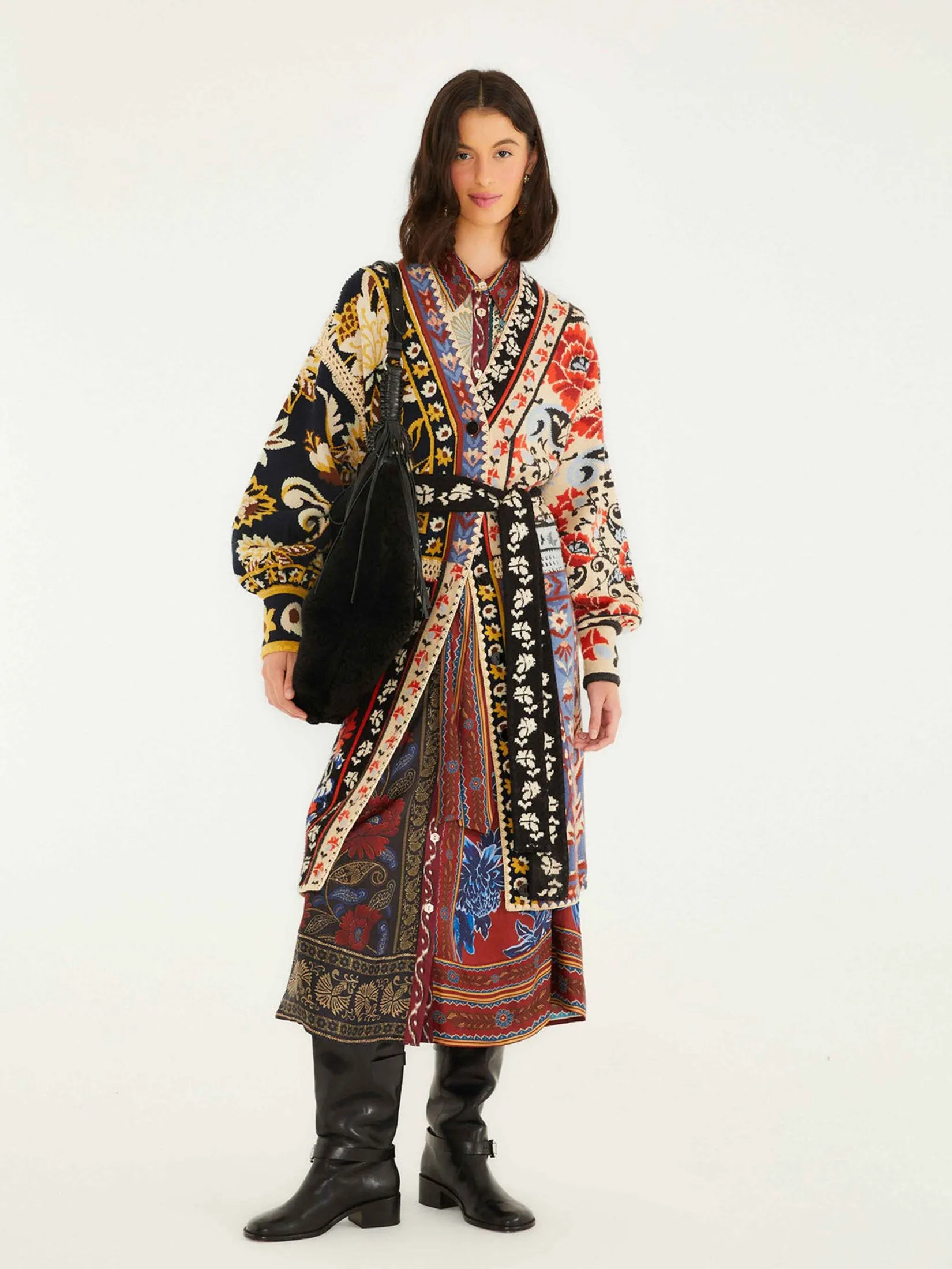 FARM RIO Women Midi Cardigan Mixed Flower Print Patchwork Knit Multi-color