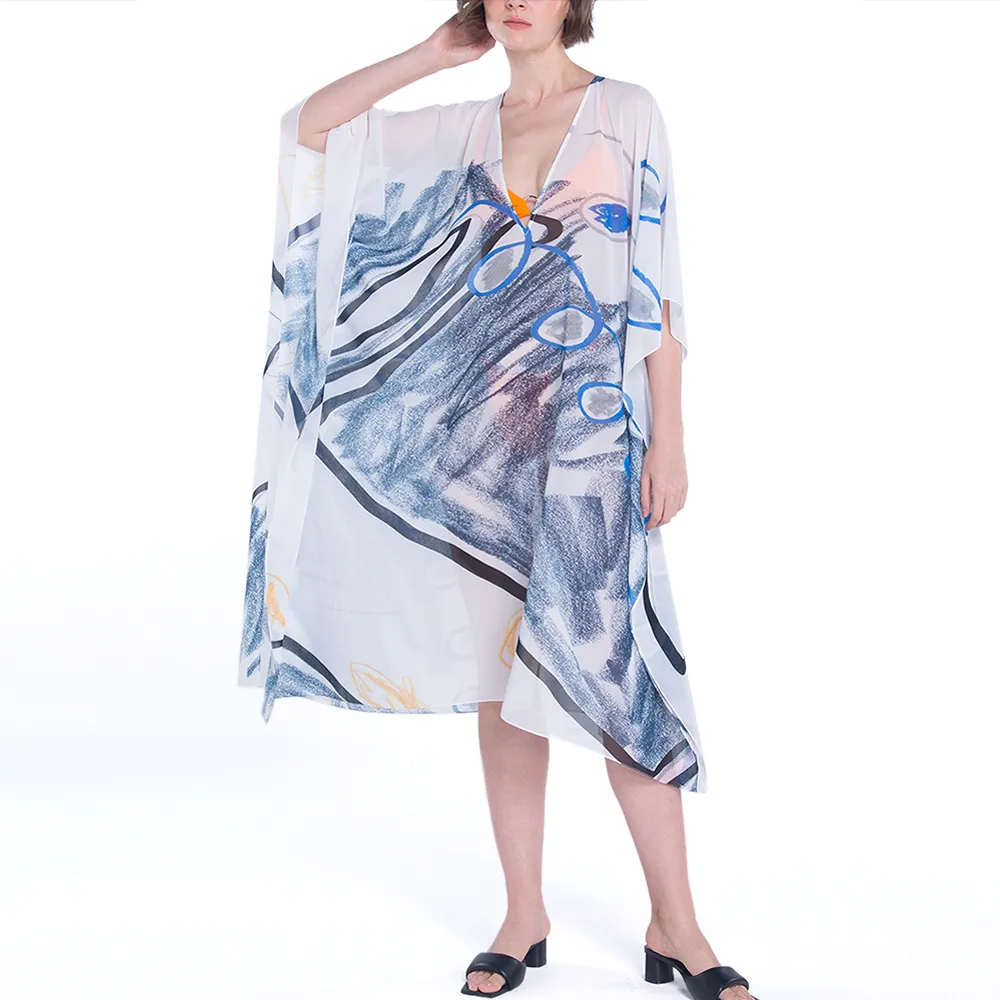 ANGELYS BALEK MULTICOLOR DEEP-V NECK COVER UP DRESS WOMEN SHORT KAFTAN