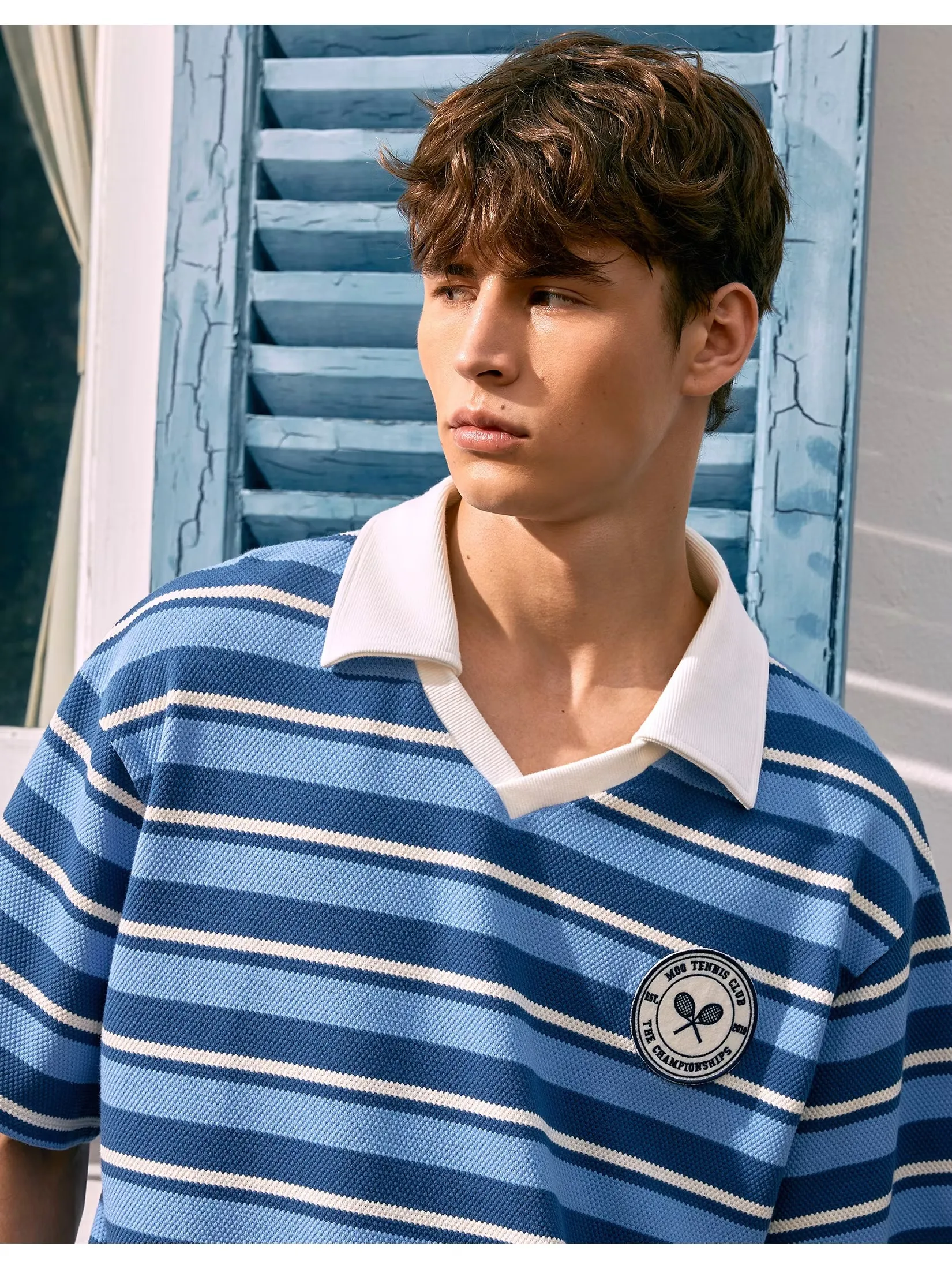 MOO [MOO 3/25]  Tennis Striped Knitted Polo Shirt Blue