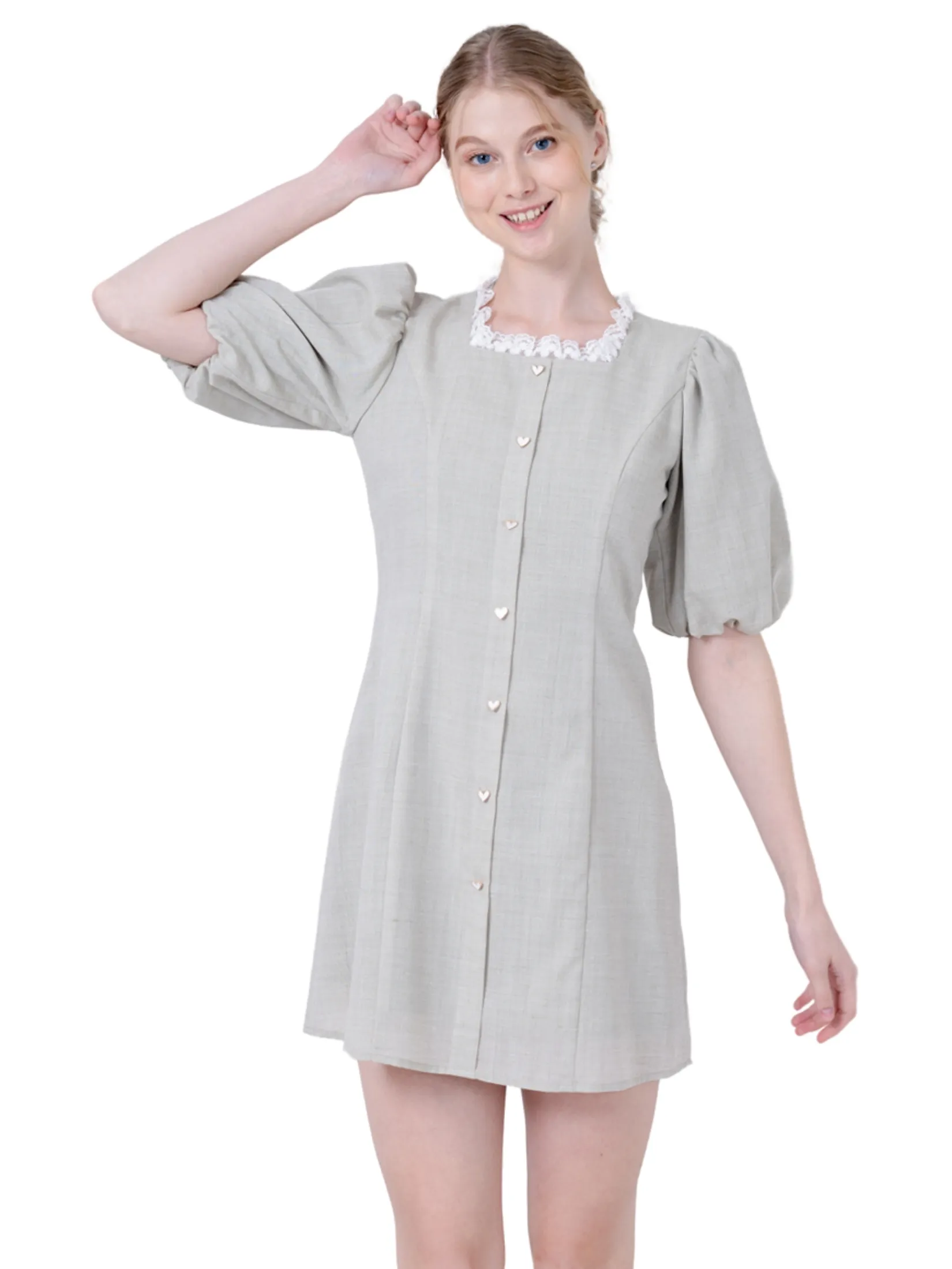 AMILA Women Dress Short Sleeves Cotton Linen Light green