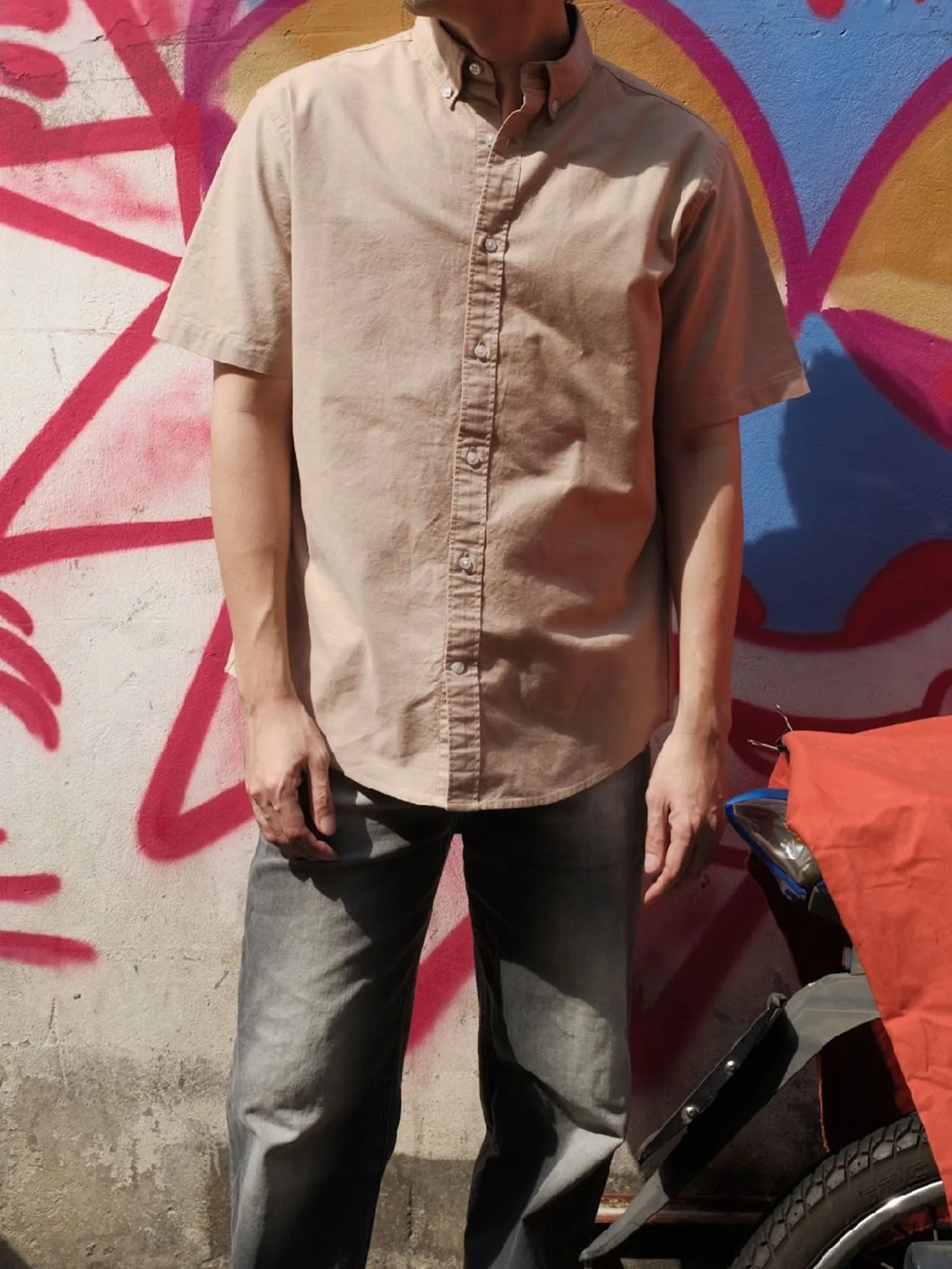 ERA-WON Men's Oxford Shirt Short Sleeve Comfort Fit Beige