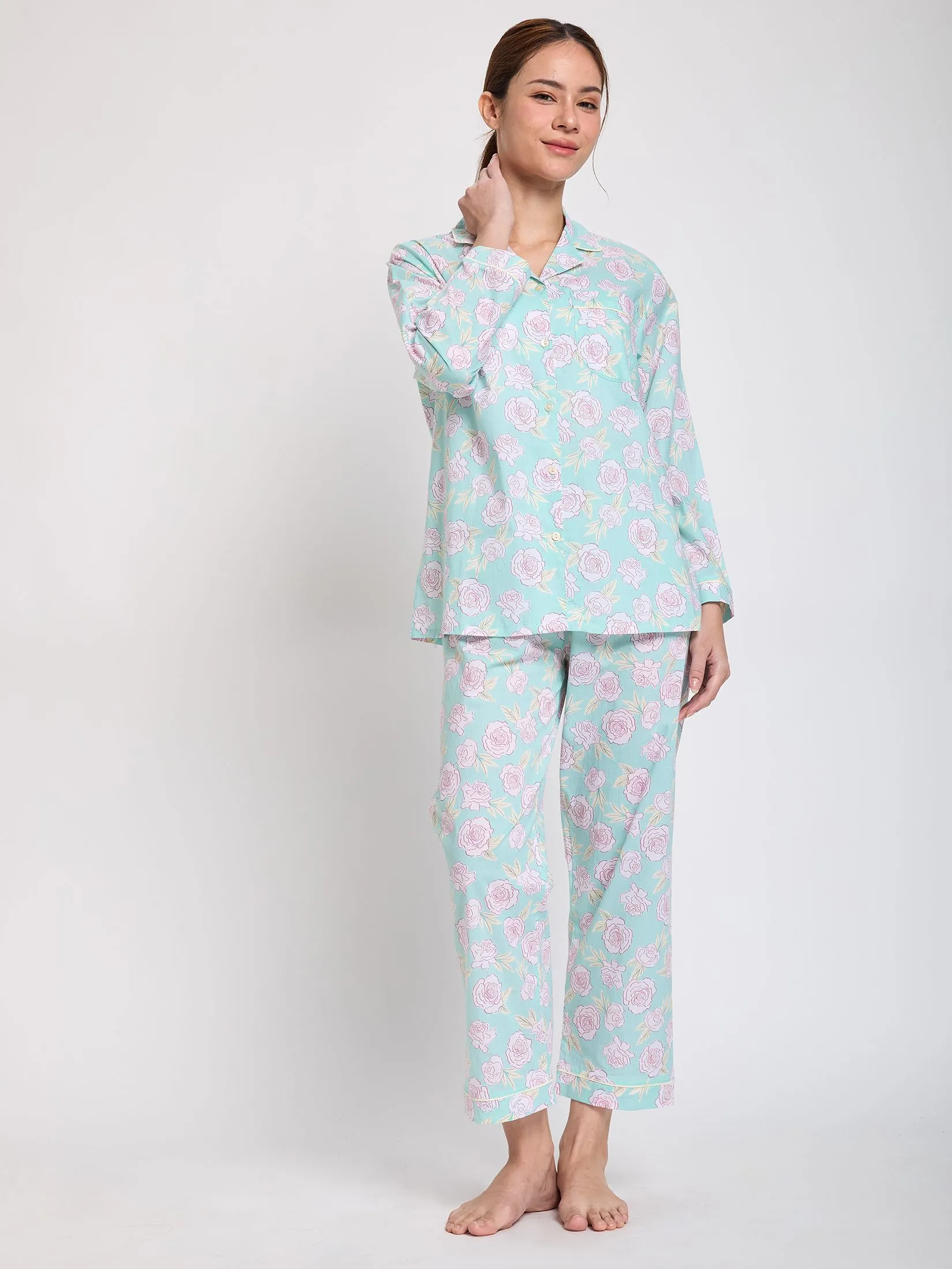 CLAUDIA'S ROMANCE Women Pajamas Set Hawaiian Shirt Long Sleeves + Long Pants Green