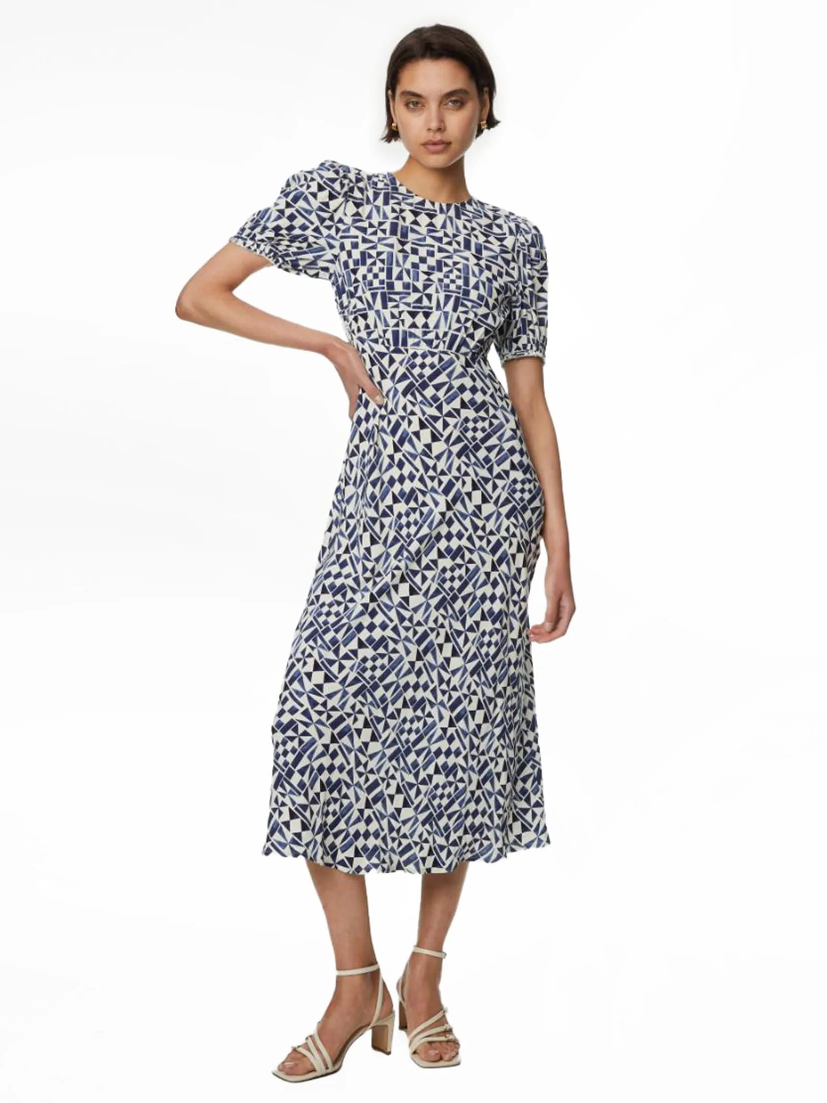 MARKS & SPENCER Women Midaxi Tea Dress Geometric Round Neck Navy Mix