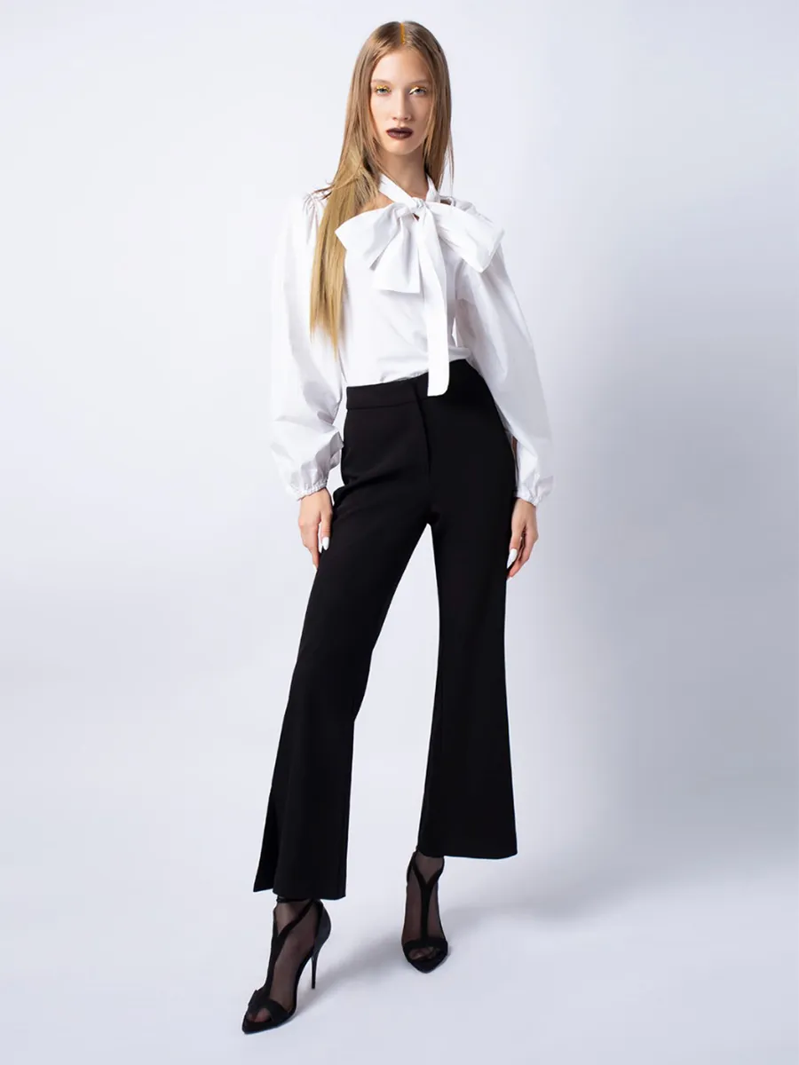 F-FASHION Long Sleeve Blouse with Bow Detail Women White
