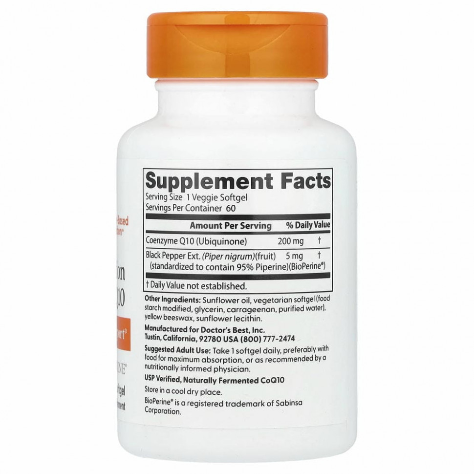Doctor's Best, коэнзим Q10 с высокой степенью всасывания, с BioPerine, 200 мг, 60 вегетарианских мягких таблеток