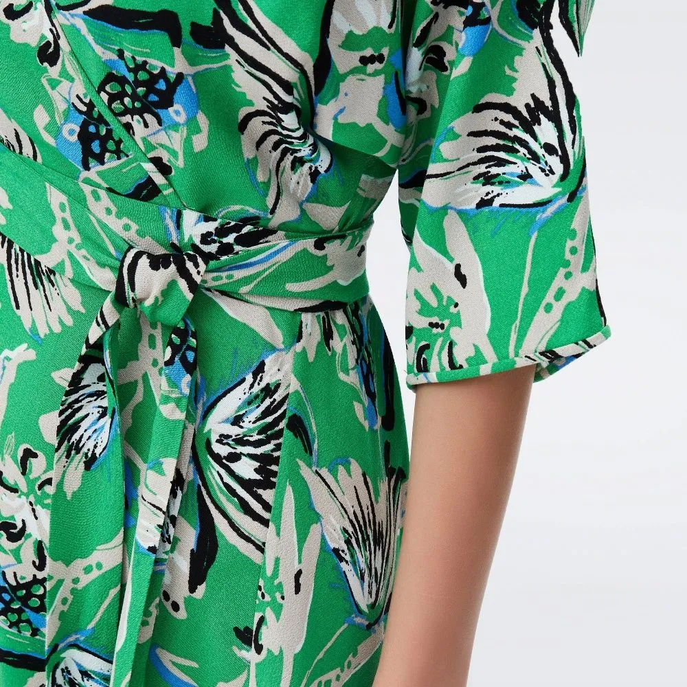 DIANE VON FURSTENBERG DVF ELOISE MIDI DRESS BUTTERFLY FLORAL SIG GREEN