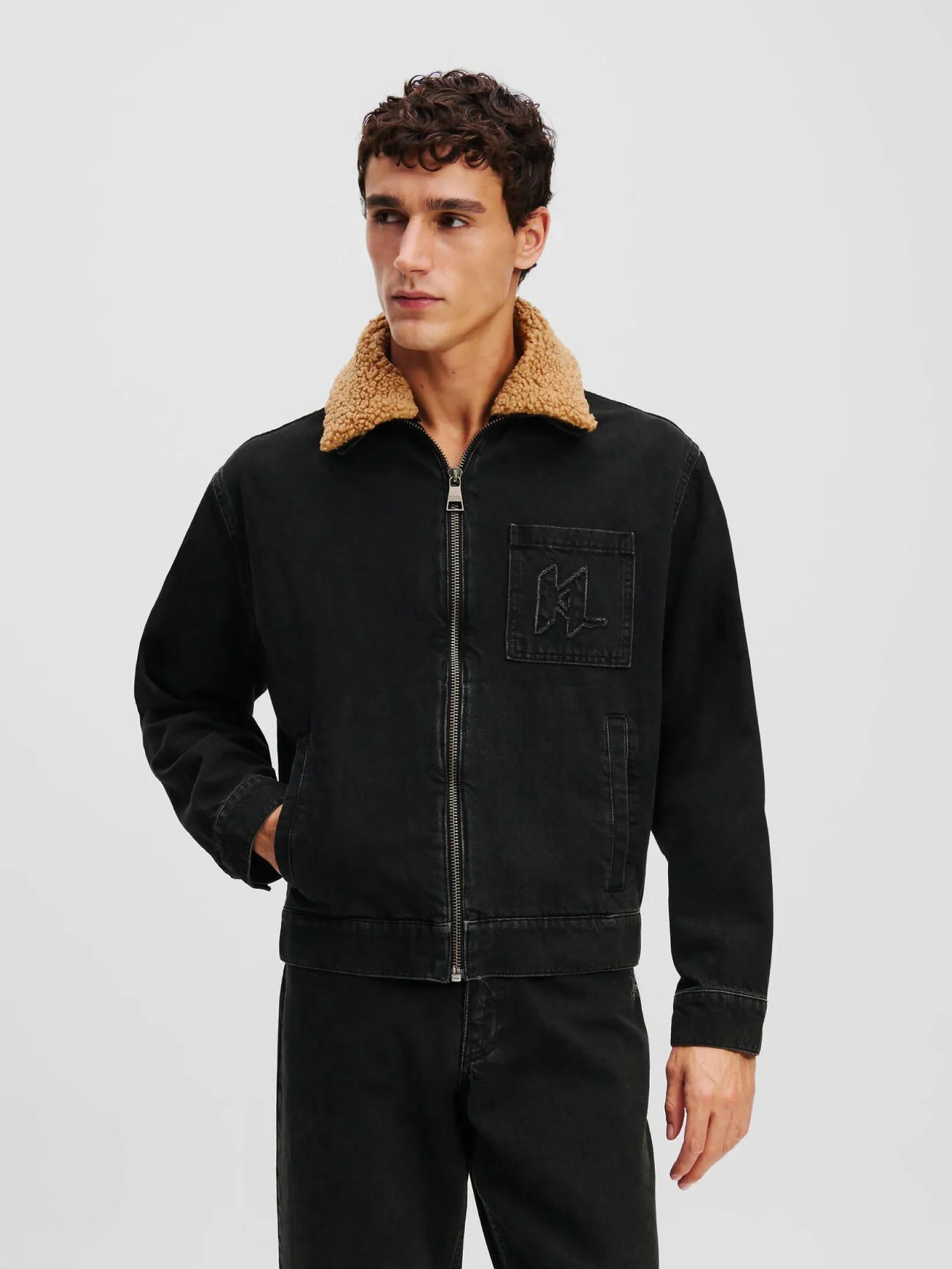 KARL LAGERFELD RTW-1 FAUX SHEARLING KL DENIM JACKET WASHED GREY DENIM