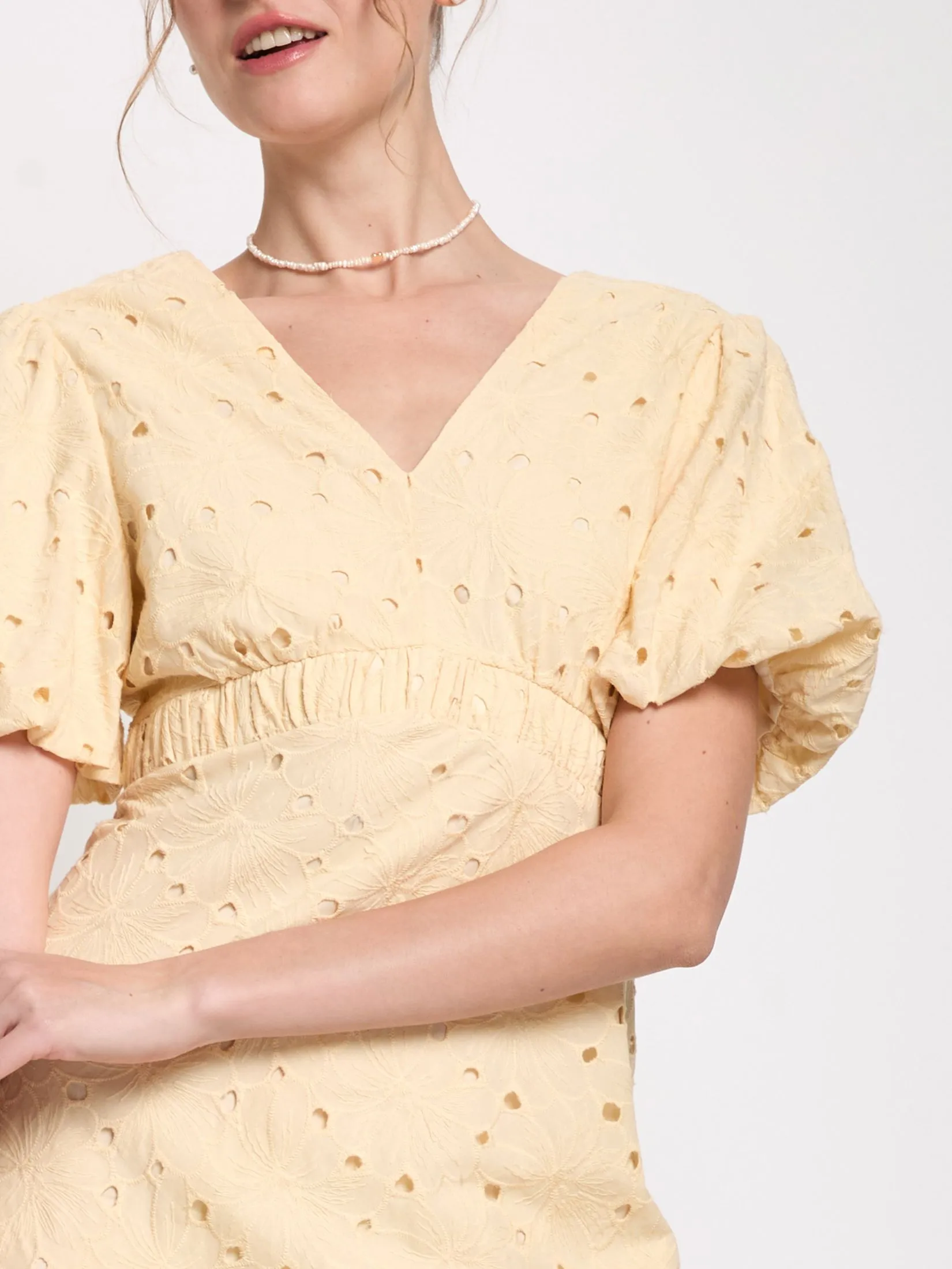 LOLITA Women Midi Dress V-Neck With Puff Sleeves Eyelet Lace