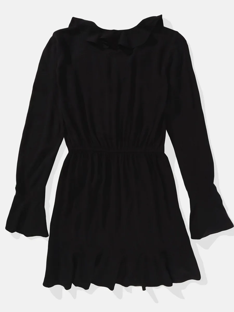 AMERICAN EAGLE WOMEN 7443 INTL RUFFLE WRAP MINI DRESS 001 BLACK