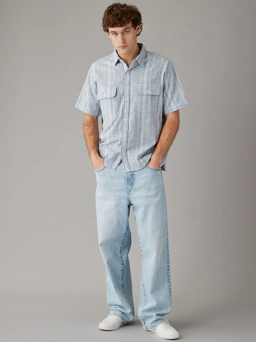 AMERICAN EAGLE MEN JACOB STRIPE SS OVERSIZED CSC 2 PKT SLUB COTTON SHIRT 407 GRAVITY BLUE