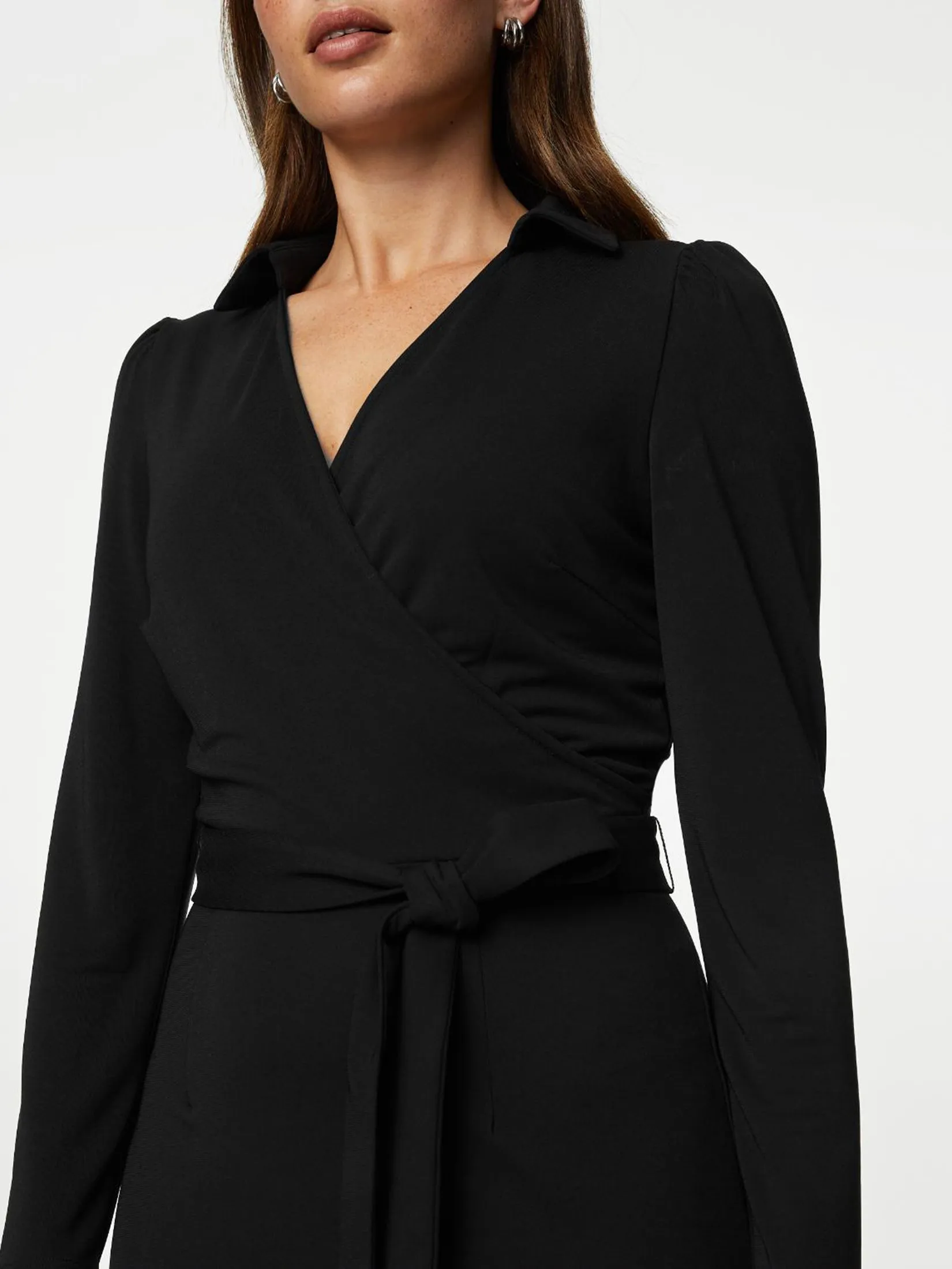 MARKS & SPENCER Women Midi Wrap Dress Collared Black
