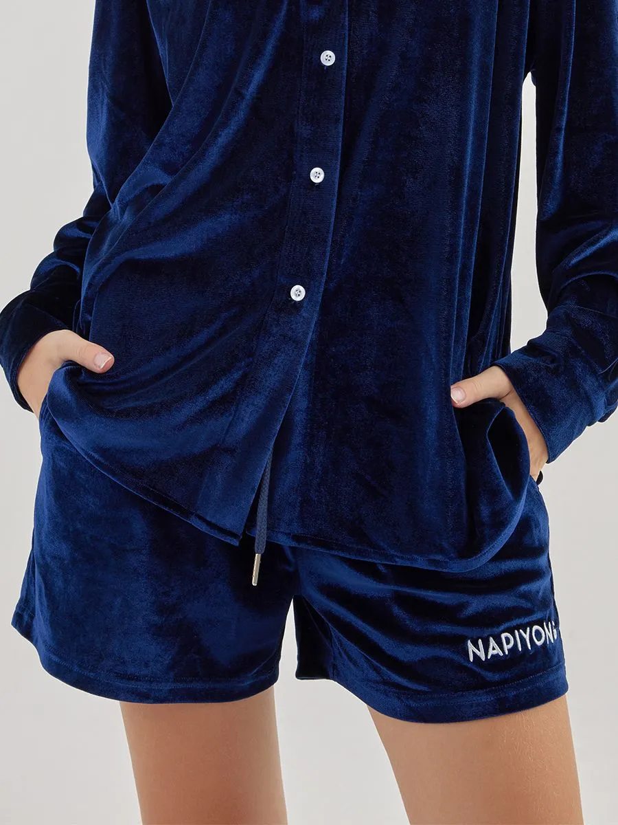 NAPIYONG Women Velvet Shorts in Navy