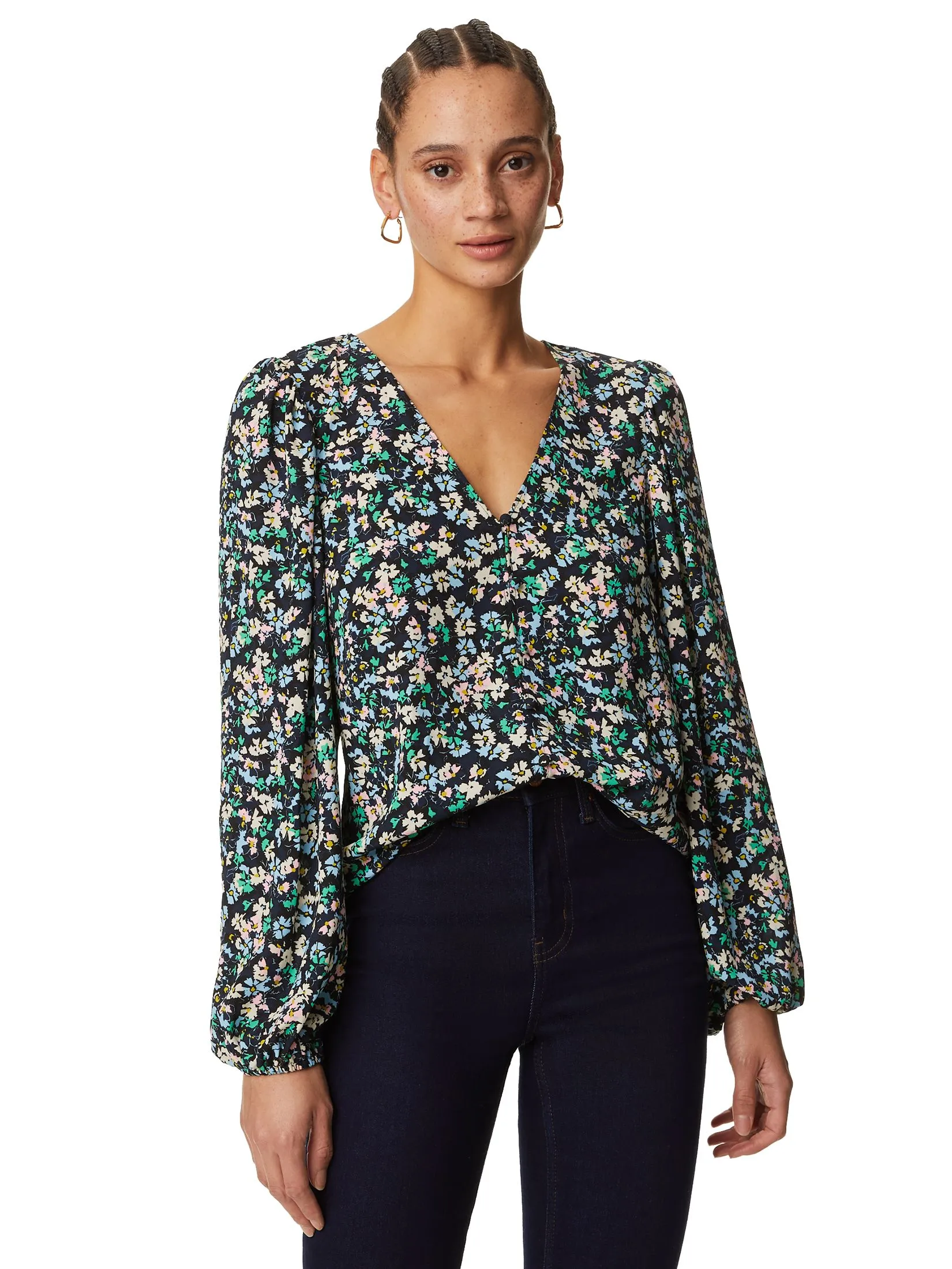 MARKS & SPENCER Women Blouse Floral V-Neck Button Detail Blue Mix Size - 10 Regular