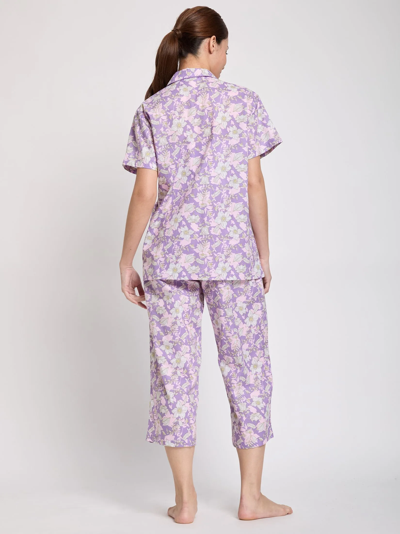 CLAUDIA'S ROMANCE Women Pyjamas Hawaii Shirt Short Sleeves + Cropped Pants Print Violet