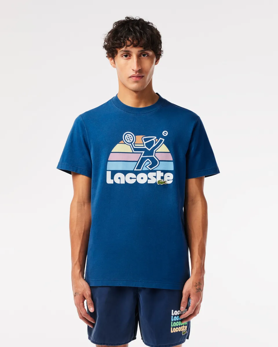 LACOSTE Washed Effect Tennis Print T-Shirt Blue