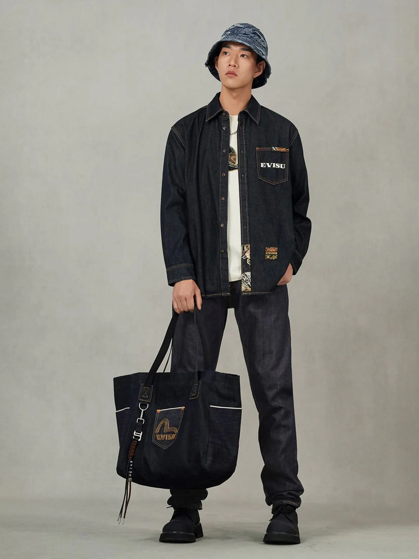 EVISU Men Shirt Denim Multi-pocket and Barcode Seagull Embroidery Regular Fit Navy