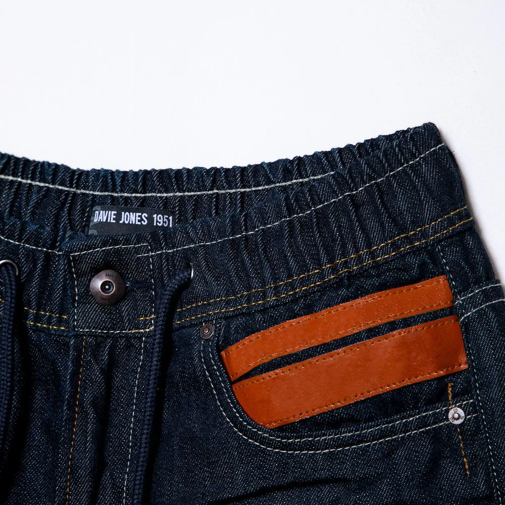 DAVIE JONES NAVY ELASTICATED WAIST STRAPPED DENIM SHORTS SH0028NV