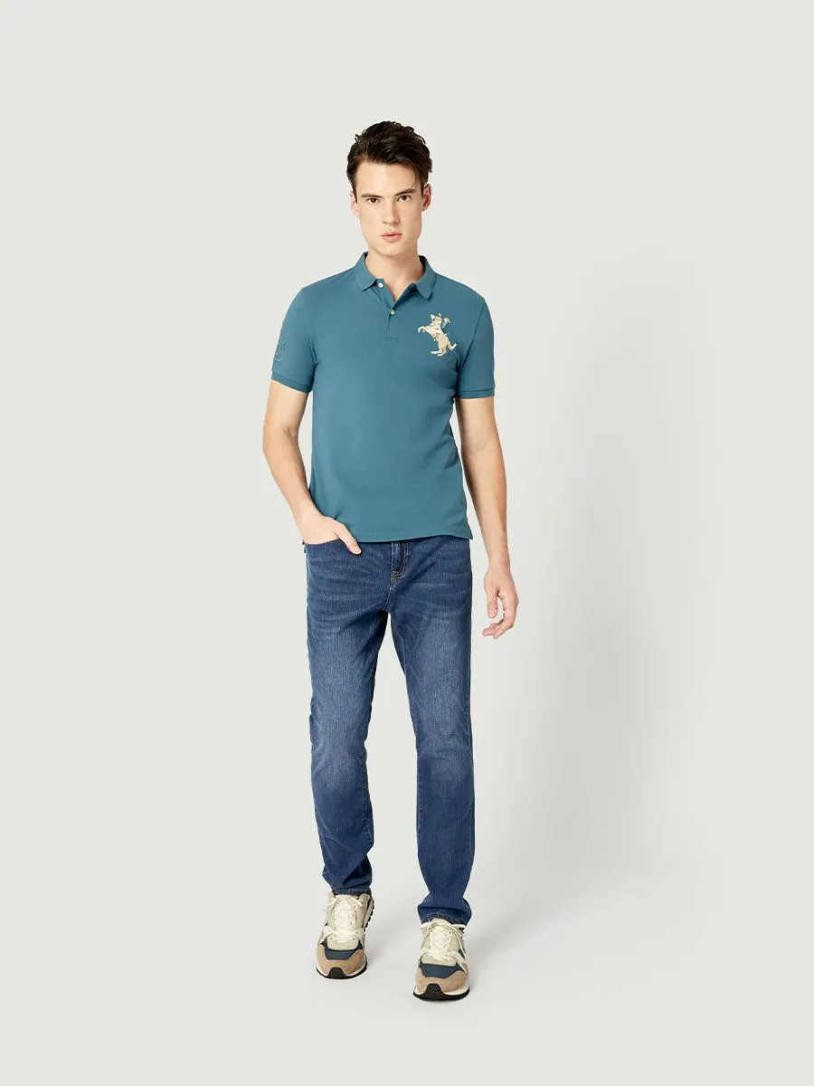 GIORDANO Men's Pique Slim Fit Embroidery Napoleon Polo Mallard Blue