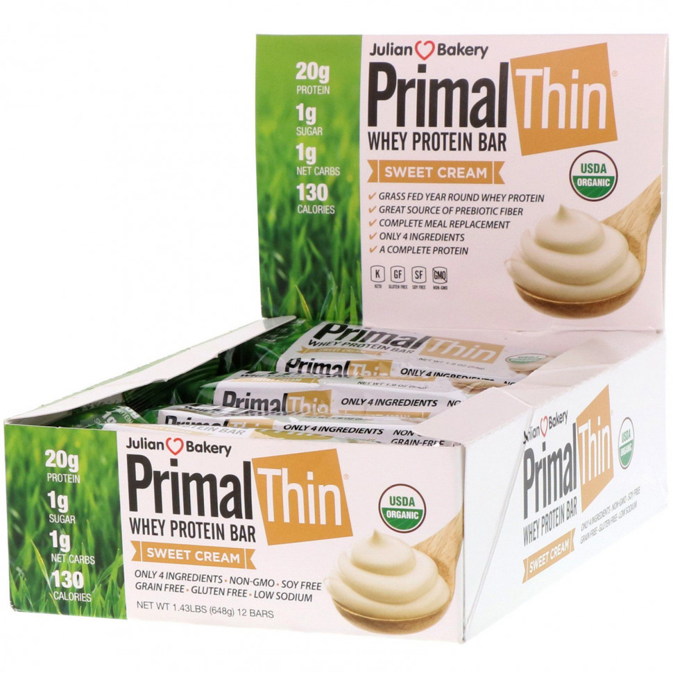 Julian Bakery, PrimalThin батончик с сывороточным протеином, Сливки, 12 баточников, 648 г (1,43 фунта)