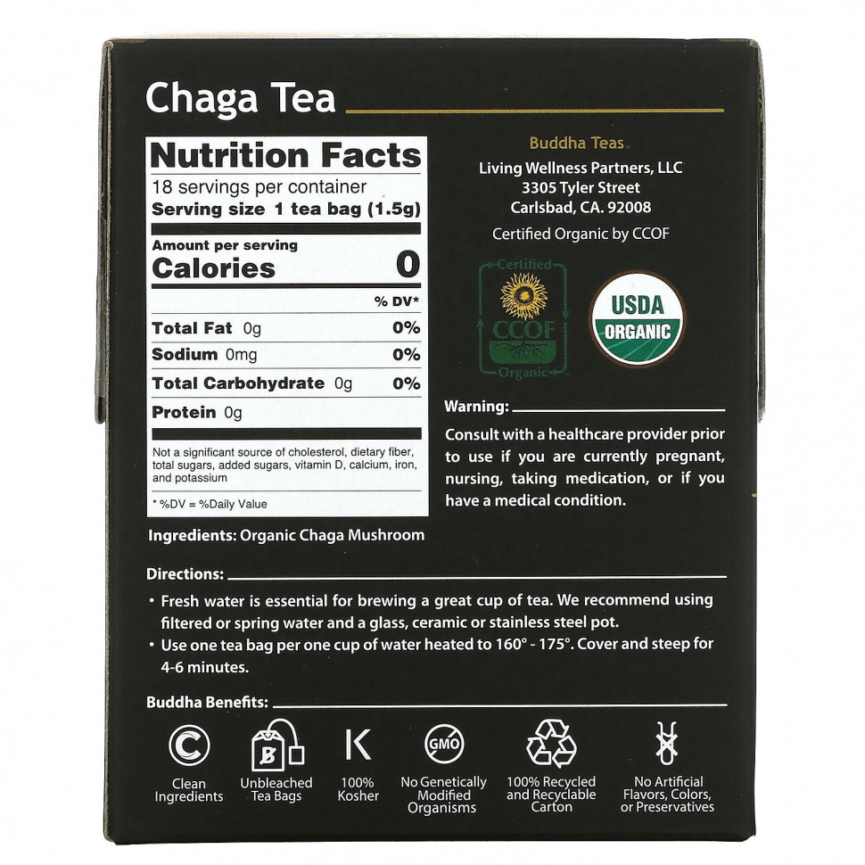 Buddha Teas, Органический травяной чай, гриб чага, 18 чайных пакетиков, 27 г (0,95 унции)