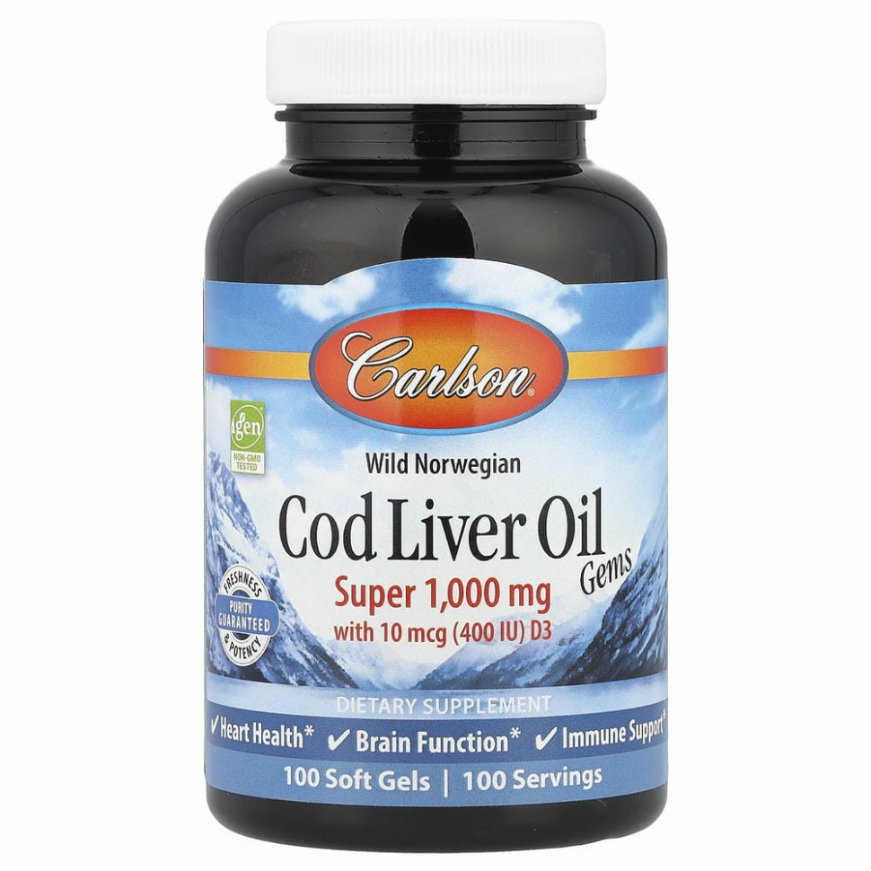 Carlson Labs, Wild Norwegian, Cod Liver Oil Gems, жир печени дикой норвежской трески в капсулах, высшего качества, 1000 мг, 100 капсул
