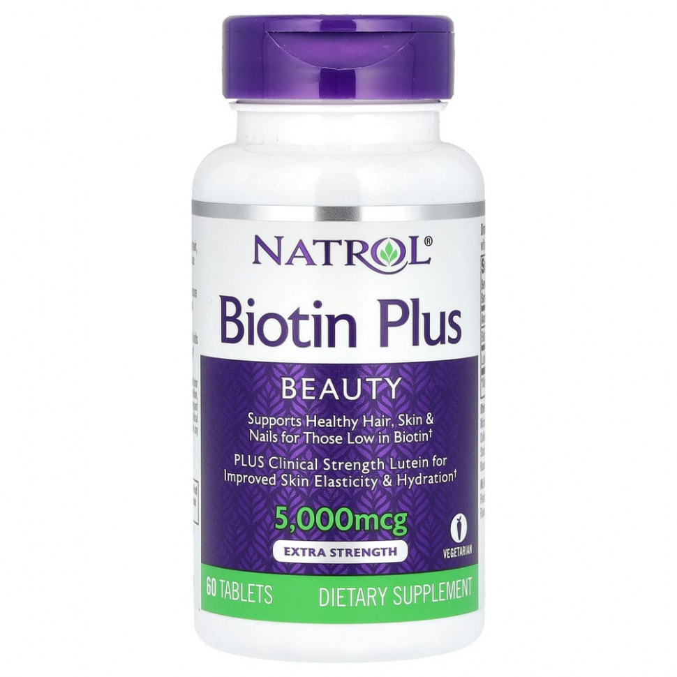 Natrol, Biotin Plus, повышенная эффективность, 5000 мкг, 60 таблеток