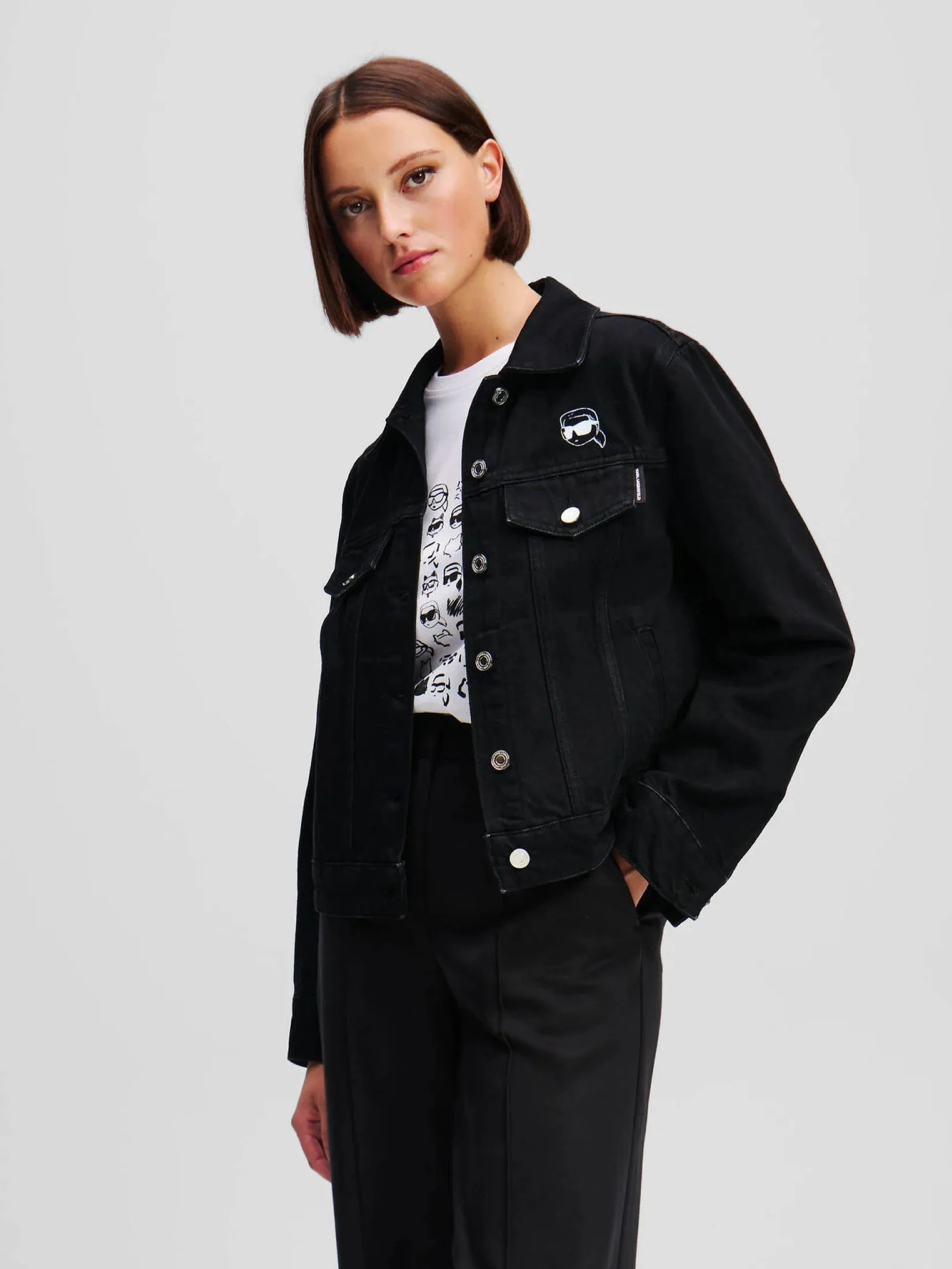 KARL LAGERFELD IKON PRINT DENIM JACKET BLACK DENIM