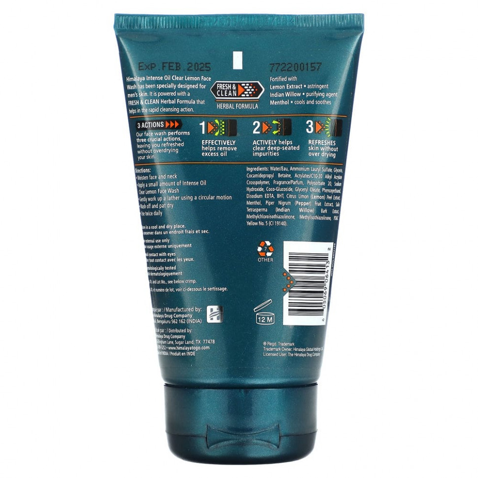 Himalaya, Men, Intense Oil Clear, средство для умывания с лимоном, 3,4 жидких унции (100 мл)