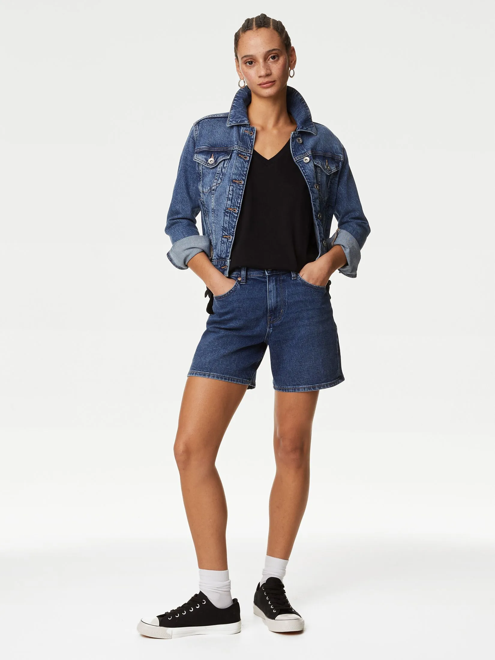 MARKS & SPENCER Women T-Shirt Cotton Rich V-Neck Relaxed Longline