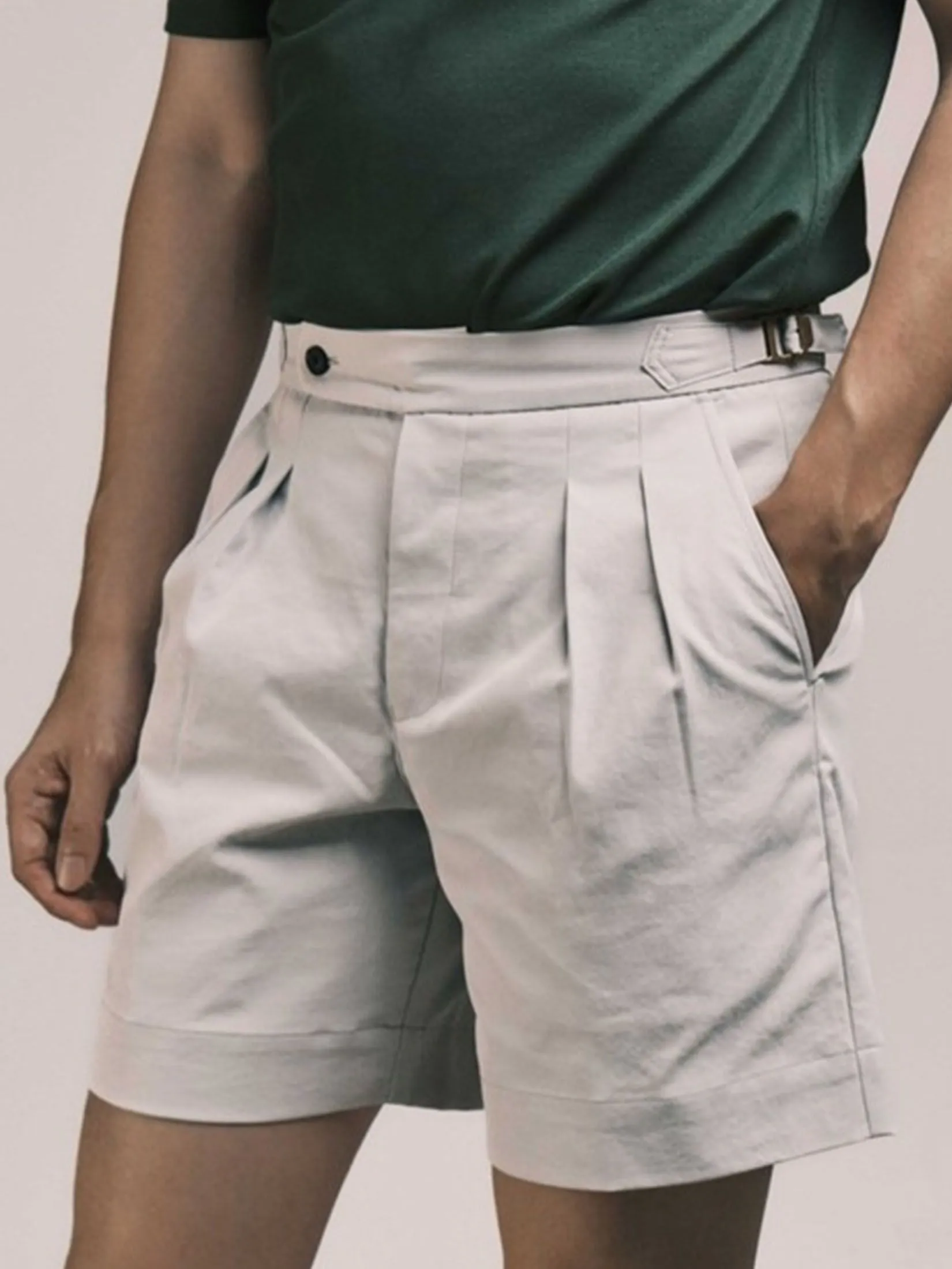 ERA-WON Men's short pant Double belts Classic Shorts Light Grey