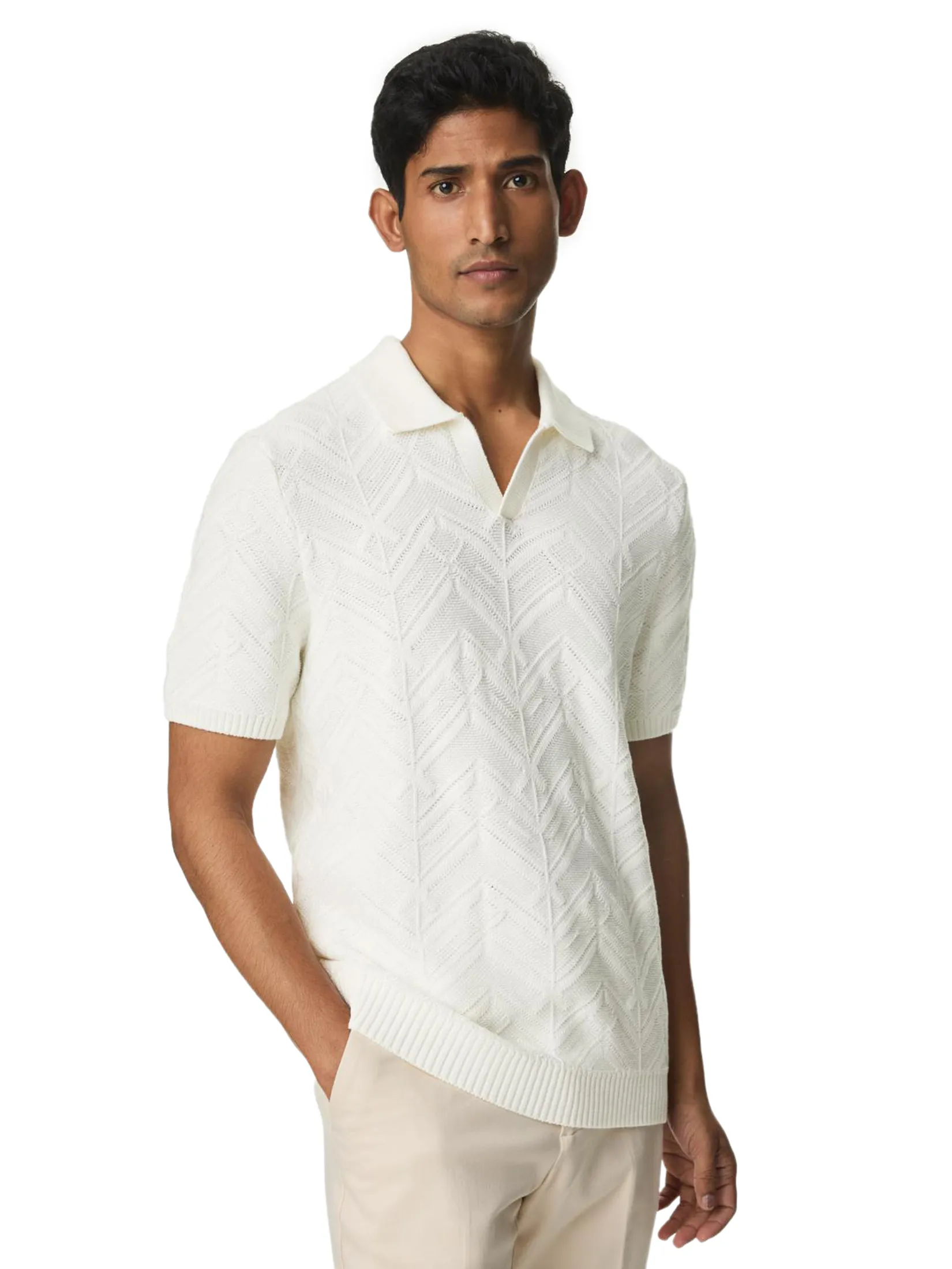 MARKS & SPENCER Men Polo Shirt Cotton Rich Open Neck Knitted Ivory