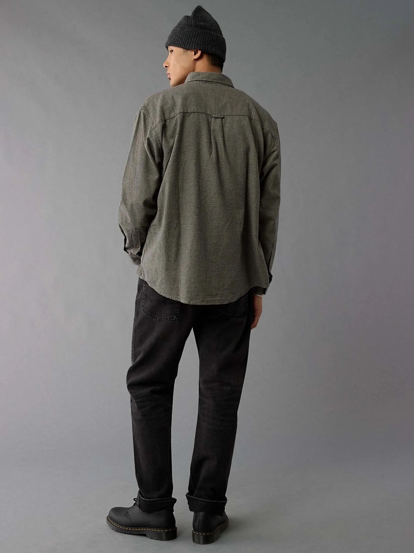 AMERICAN EAGLE MEN UMA PLAID OVERSIZED BD BIRCH FLANNEL SHIRT 213 STONE