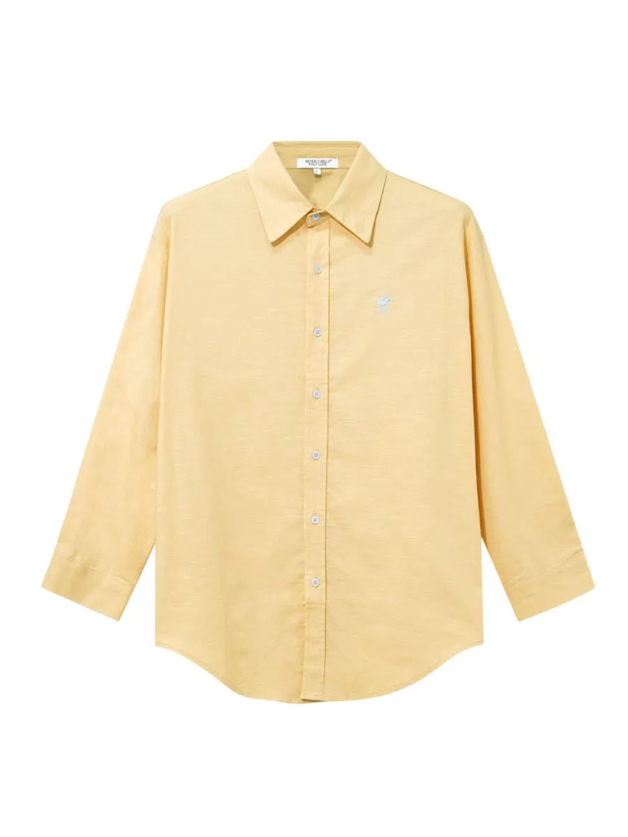 BEVERLY HILLS POLO CLUB Women Cotton Linen Relax Fit Shirt Long Sleeve, Yellow